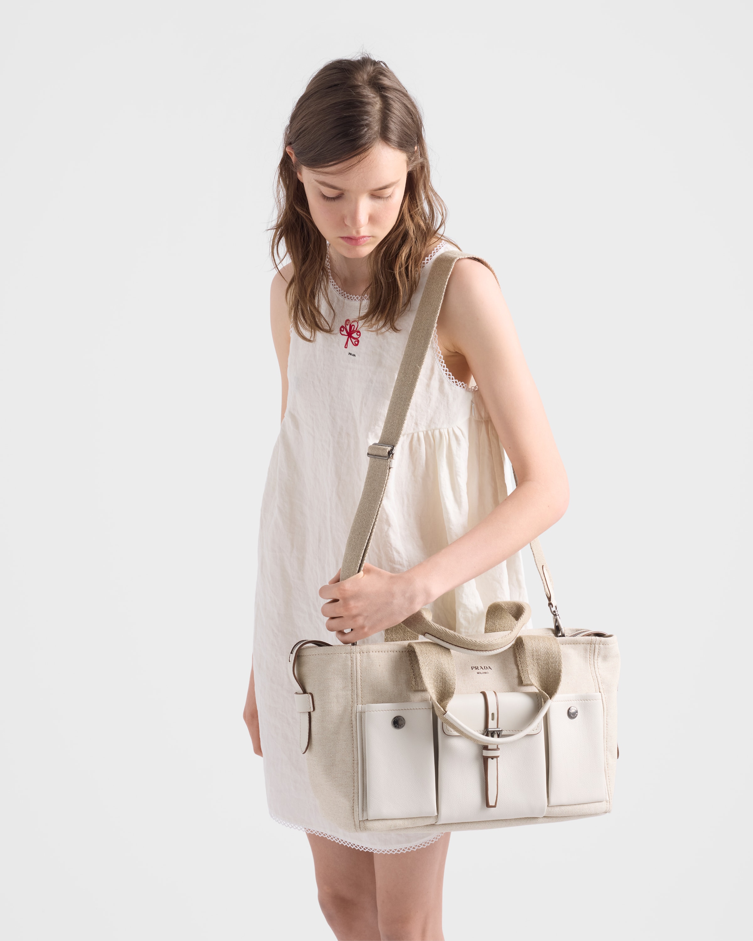 Natural Prada Route large canvas and leather tote bag | PRADA