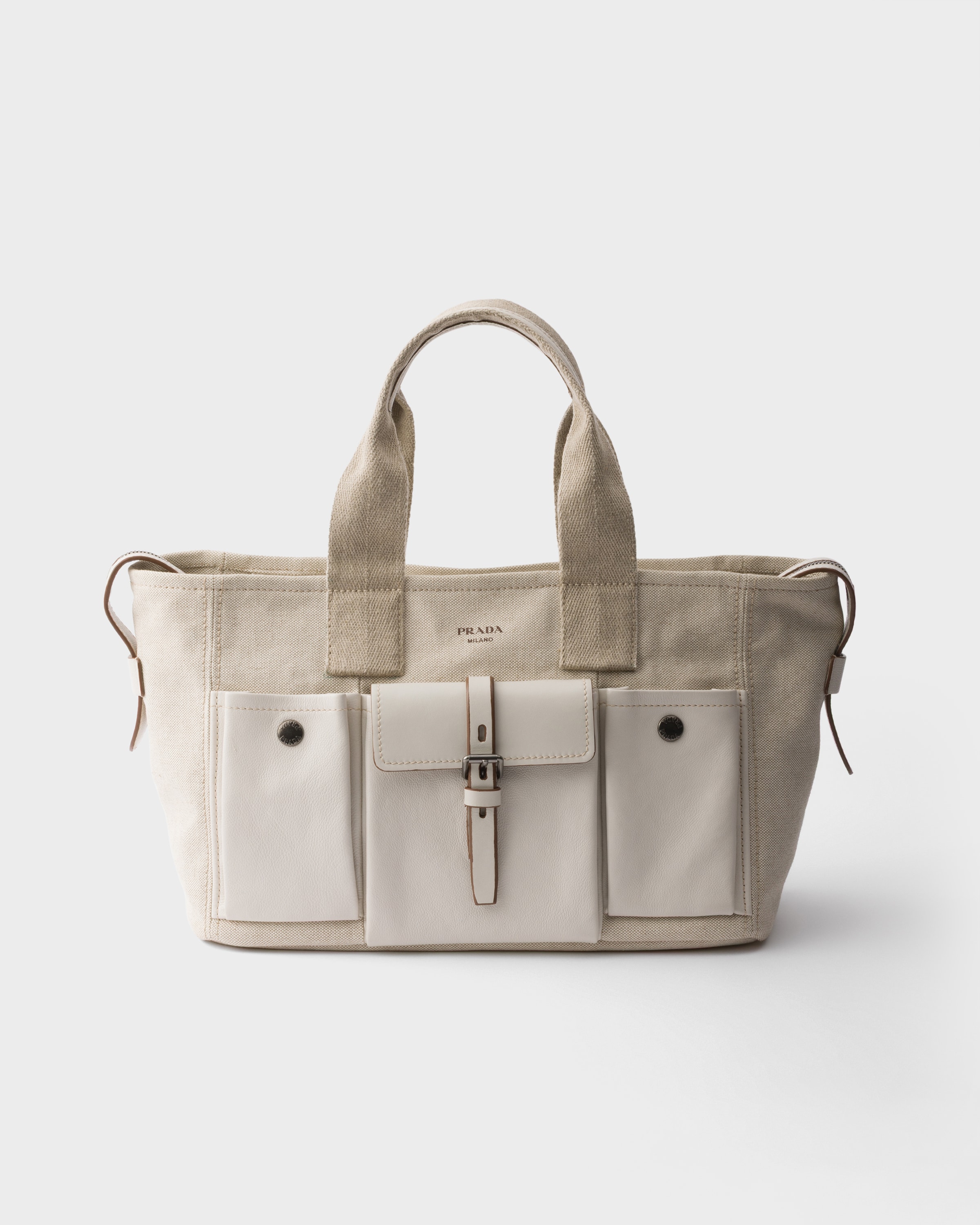 Natural Prada Route large canvas and leather tote bag | PRADA