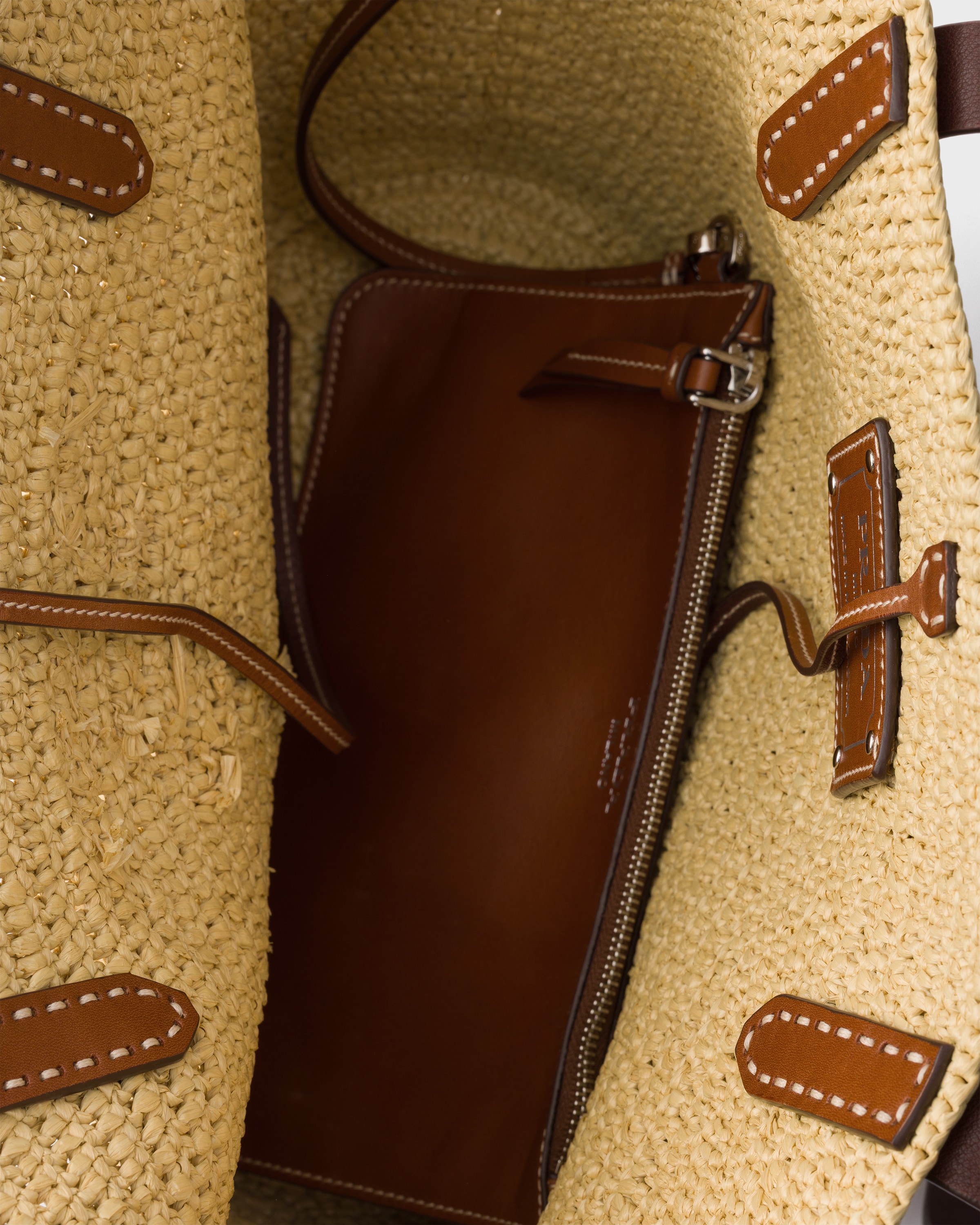 Beige/Brandy Medium crochet and leather tote bag | PRADA - United