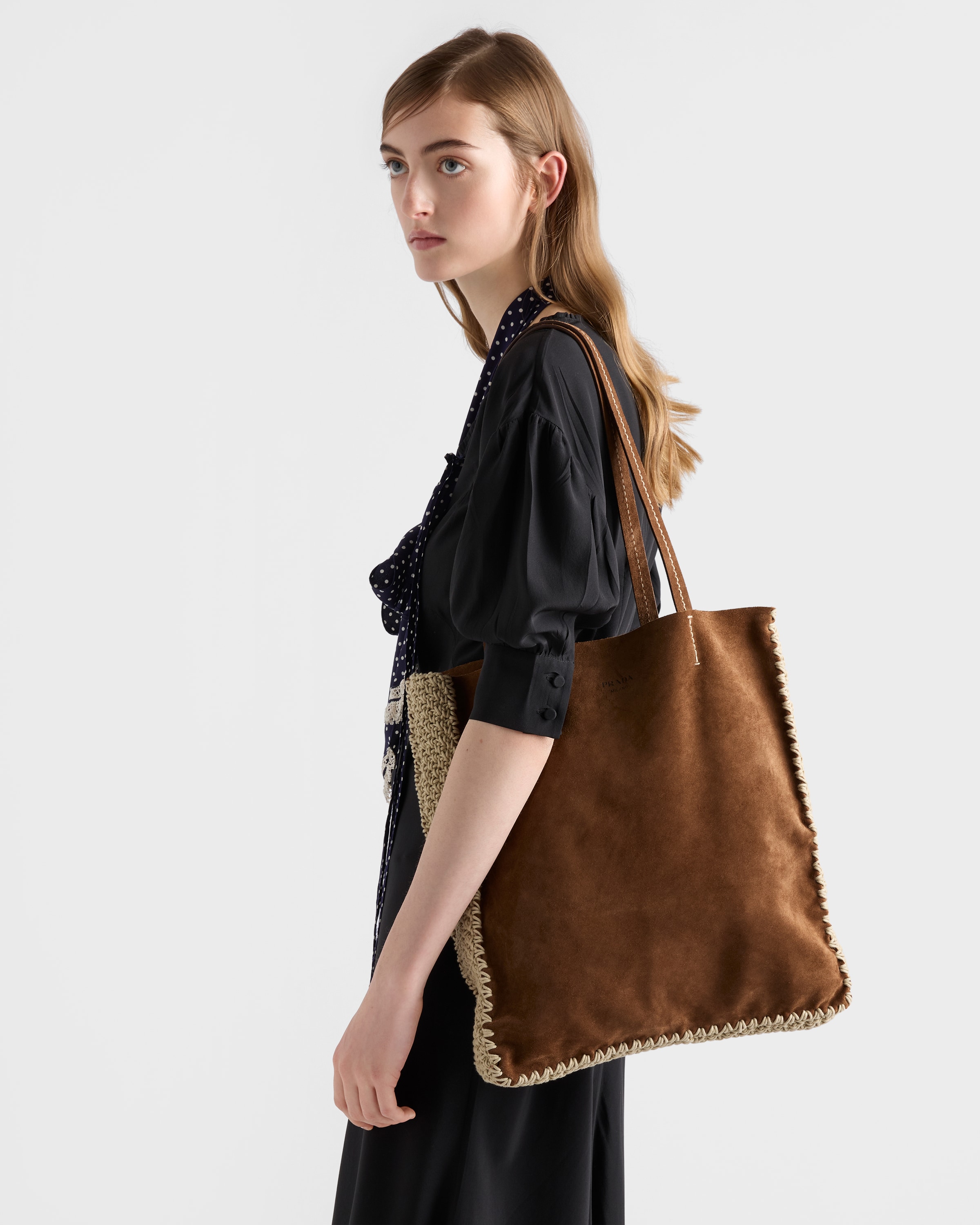 Cocoa Brown Large suede and crochet tote bag | PRADA - United States