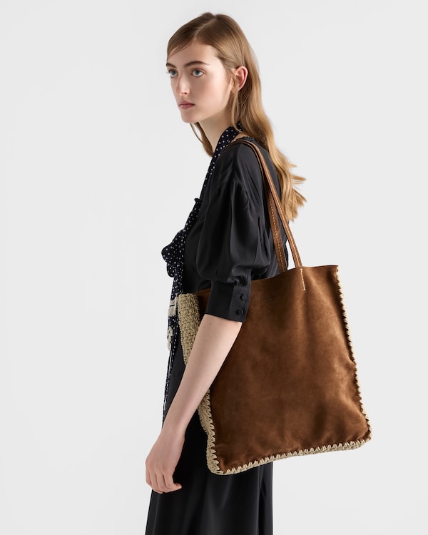 Large suede and crochet tote bag - Cocoa Brown Large suede and crochet tote bag - Cocoa Brown
