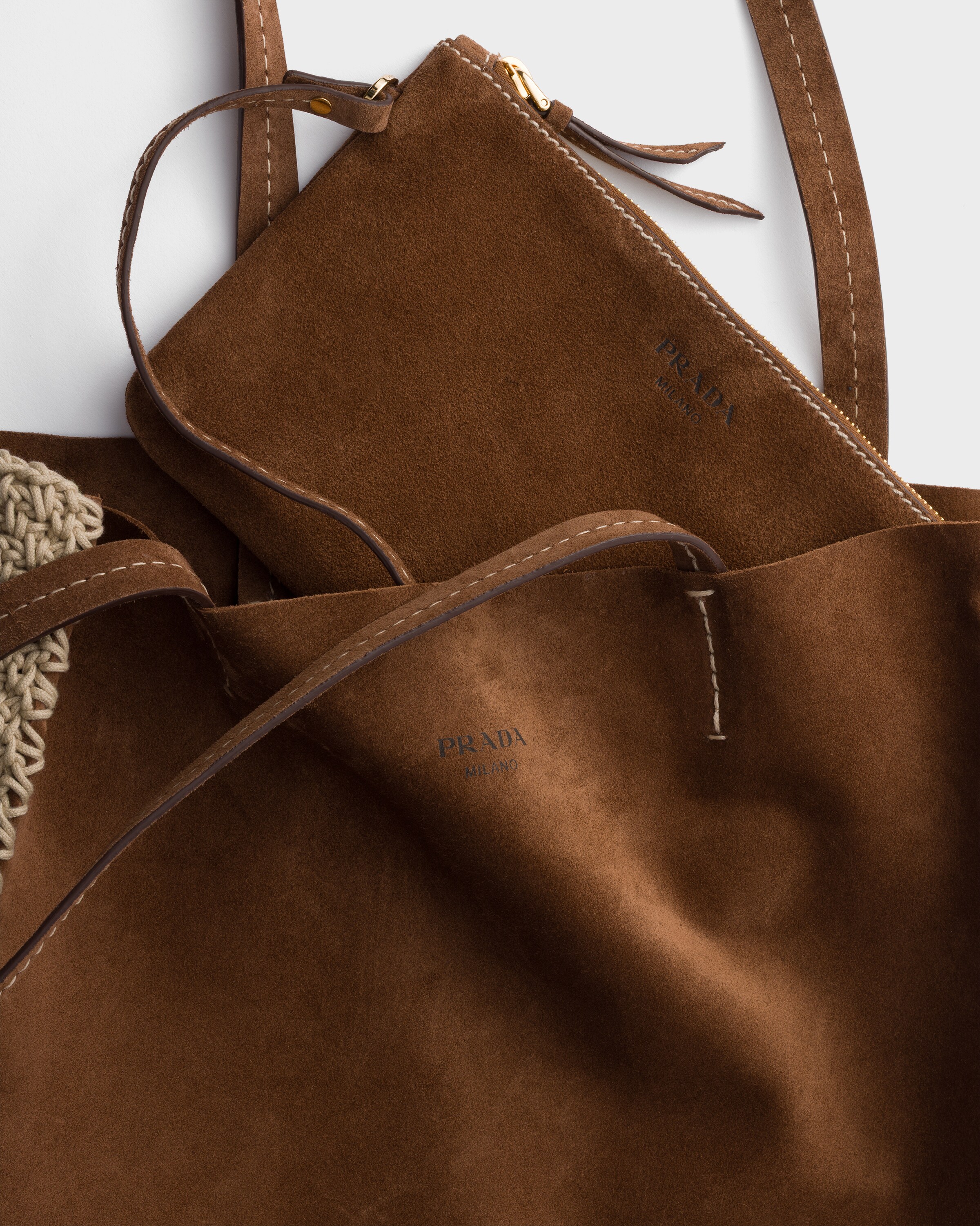 Cocoa Brown Large suede and crochet tote bag | PRADA - United States