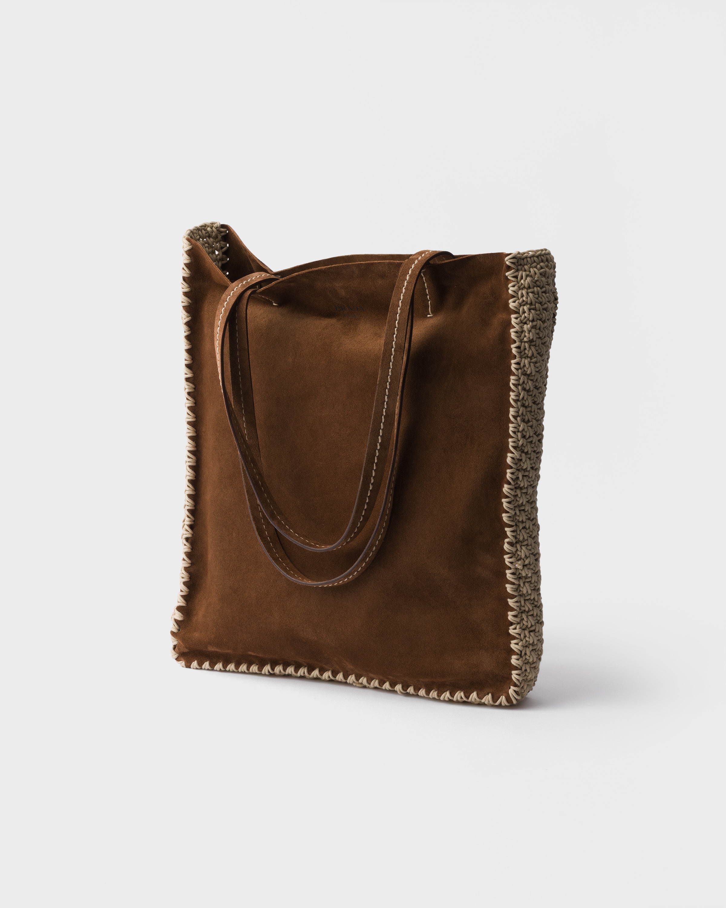 Cocoa Brown Large suede and crochet tote bag | PRADA - United States