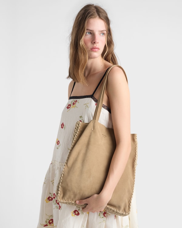 Large suede and crochet tote bag - Desert Beige Large suede and crochet tote bag - Desert Beige