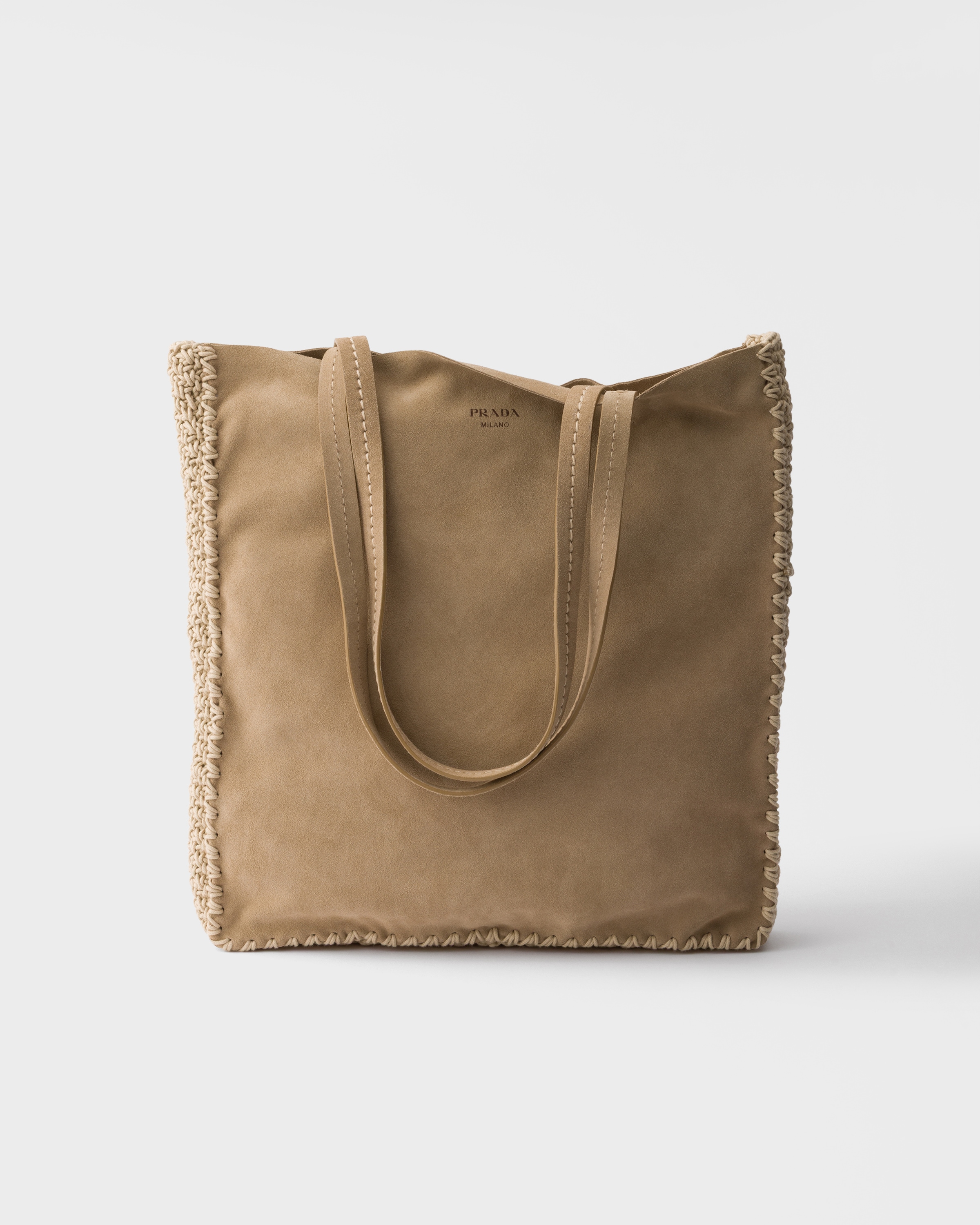 Desert Beige Large suede and crochet tote bag | PRADA - United States