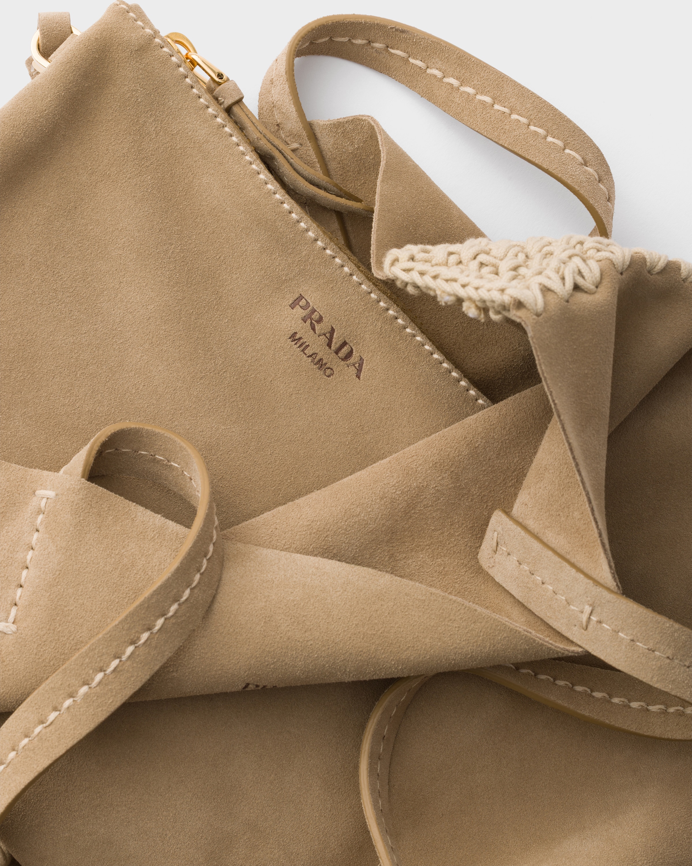 Desert Beige Large suede and crochet tote bag | PRADA - United States
