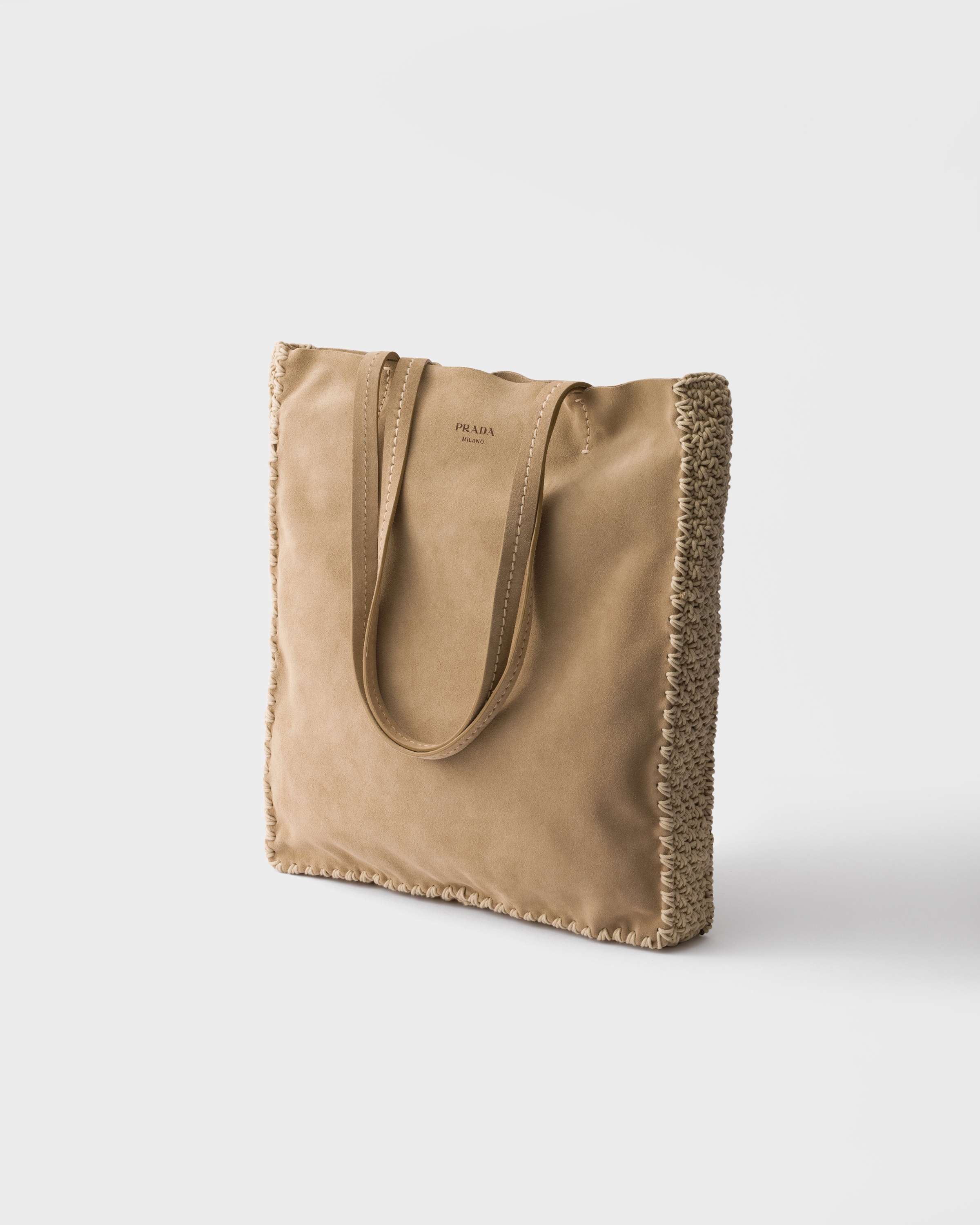 Desert Beige Large suede and crochet tote bag | PRADA - United States