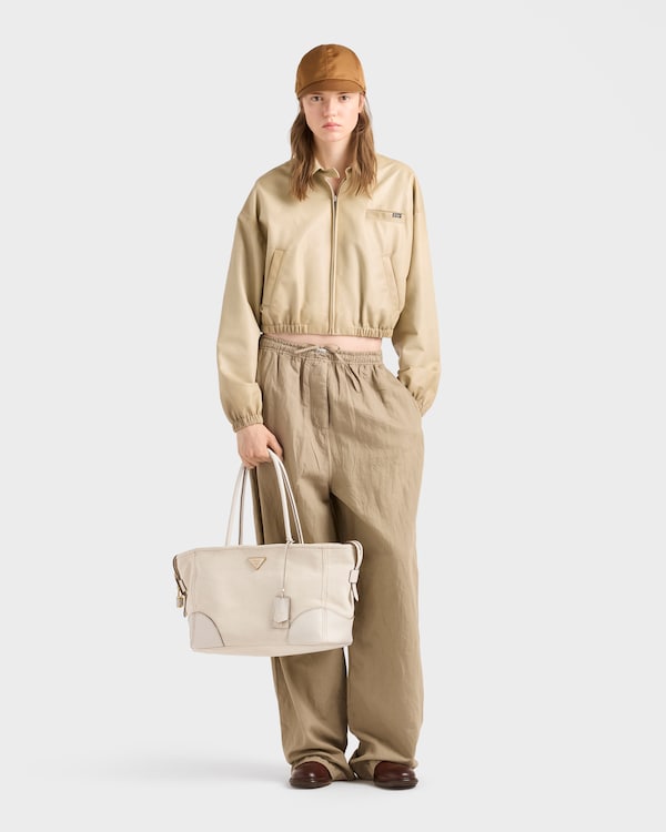 Large linen blend and leather tote bag - Tan/Chalk White Large linen blend and leather tote bag - Tan/Chalk White