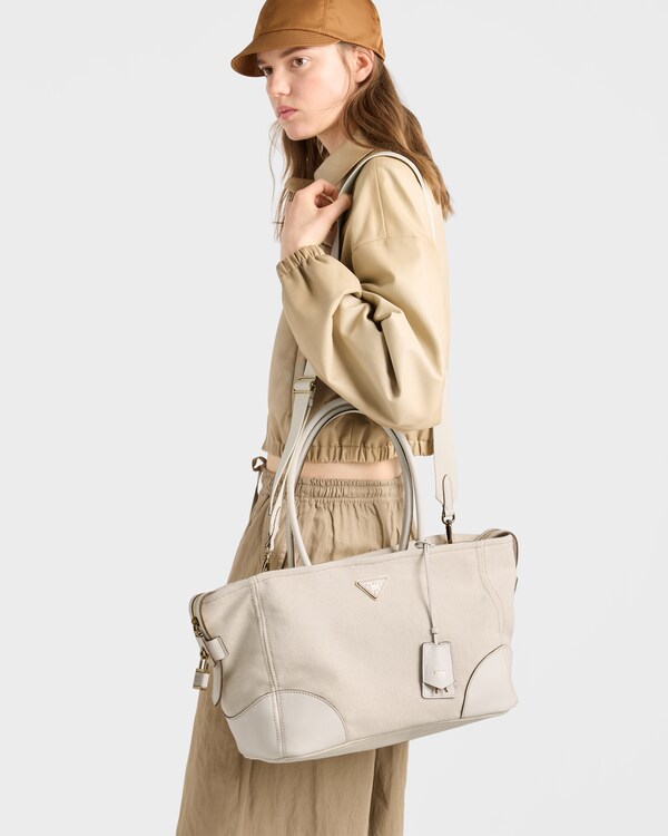 Large linen blend and leather tote bag - Tan/Chalk White Large linen blend and leather tote bag - Tan/Chalk White