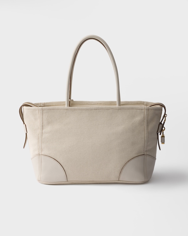 Large linen blend and leather tote bag - Tan/Chalk White Large linen blend and leather tote bag - Tan/Chalk White