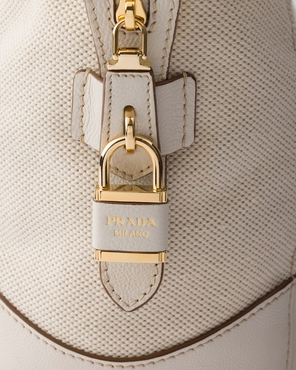 Large linen blend and leather tote bag - Tan/Chalk White Large linen blend and leather tote bag - Tan/Chalk White