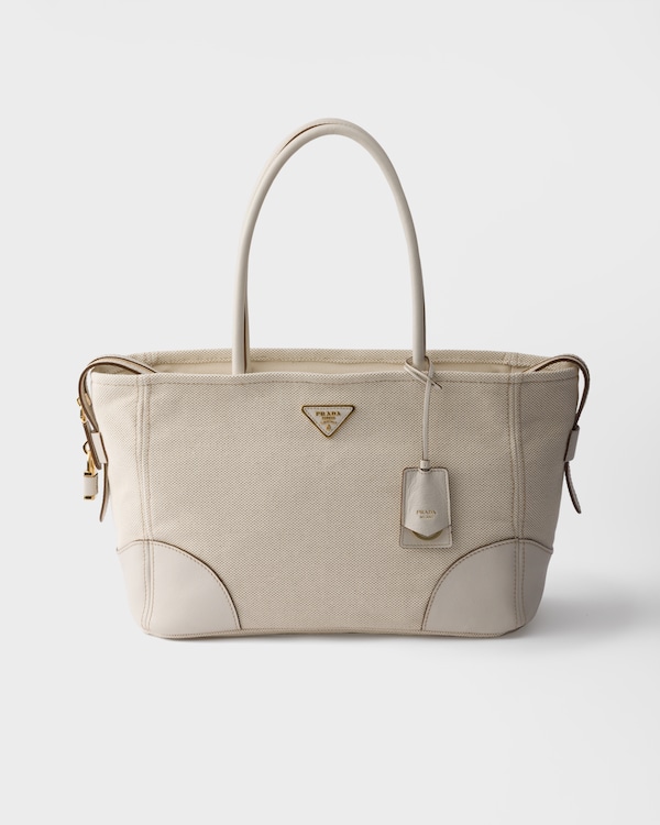 Large linen blend and leather tote bag - Tan/Chalk White Large linen blend and leather tote bag - Tan/Chalk White