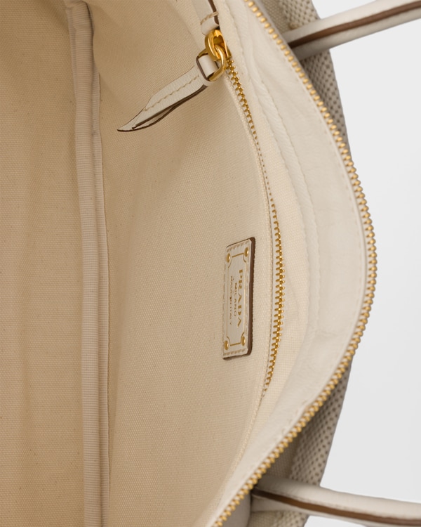 Large linen blend and leather tote bag - Tan/Chalk White Large linen blend and leather tote bag - Tan/Chalk White