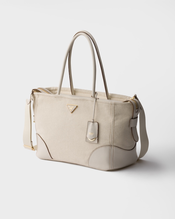 Large linen blend and leather tote bag - Tan/Chalk White Large linen blend and leather tote bag - Tan/Chalk White