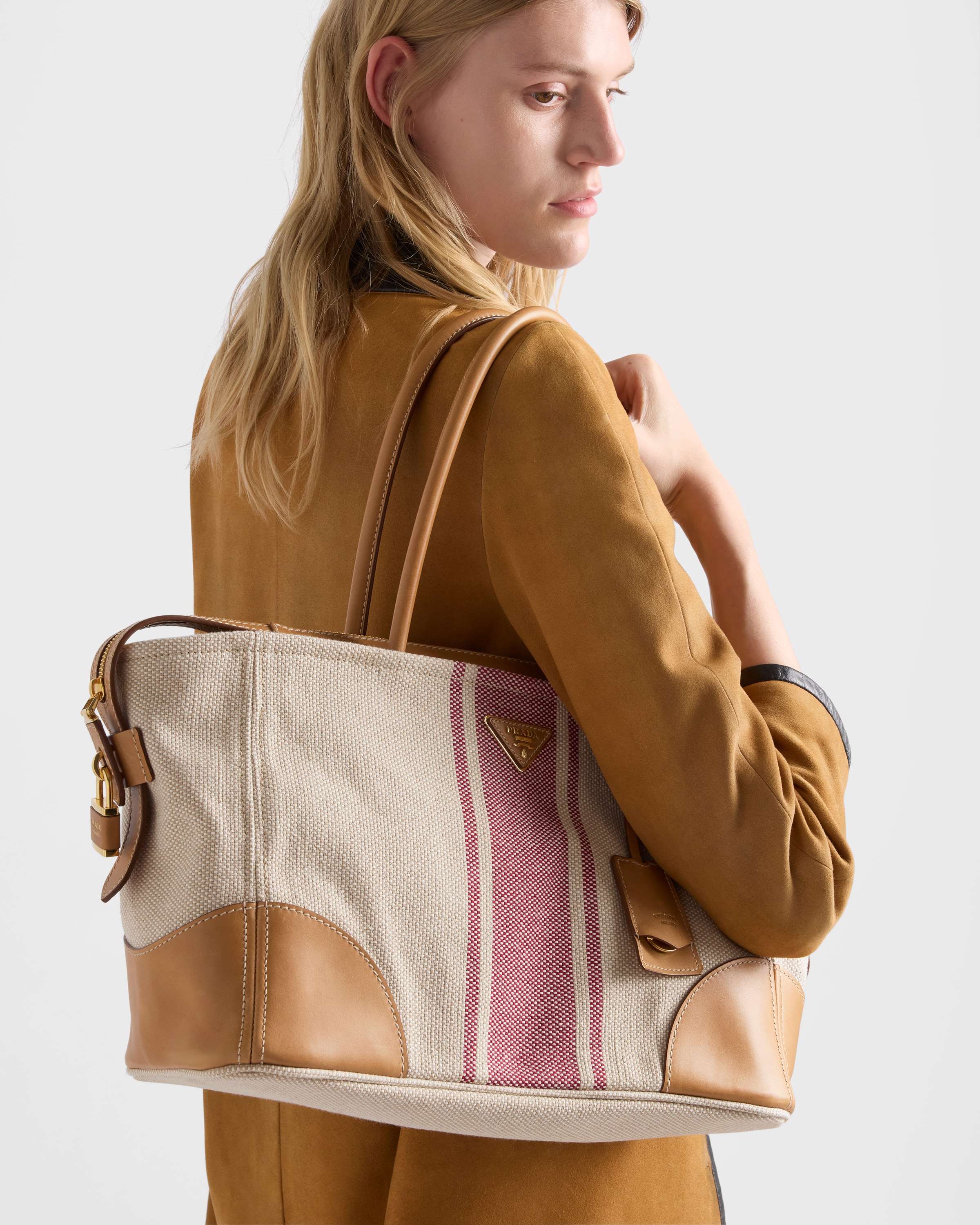 Tan/Red Large canvas and leather tote bag | PRADA - United States