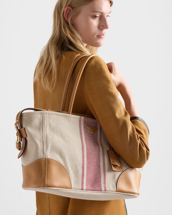 Large canvas and leather tote bag - Tan/Red Large canvas and leather tote bag - Tan/Red