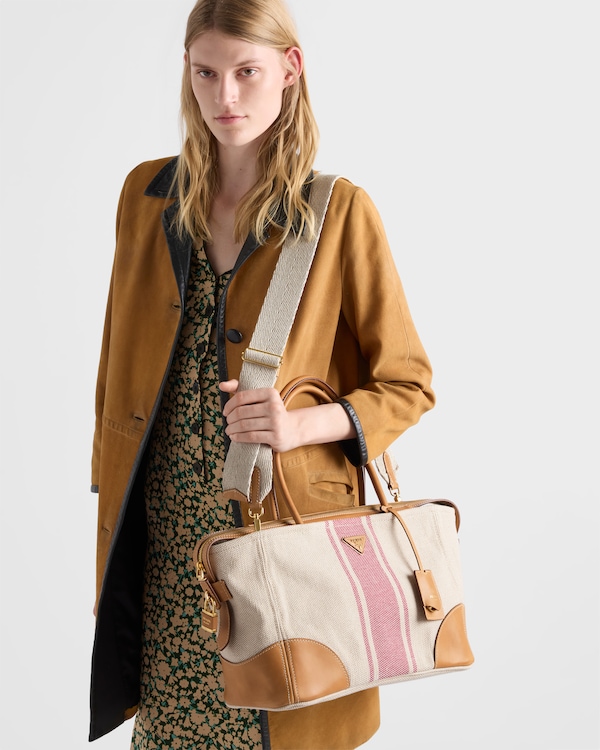 Large canvas and leather tote bag - Tan/Red Large canvas and leather tote bag - Tan/Red