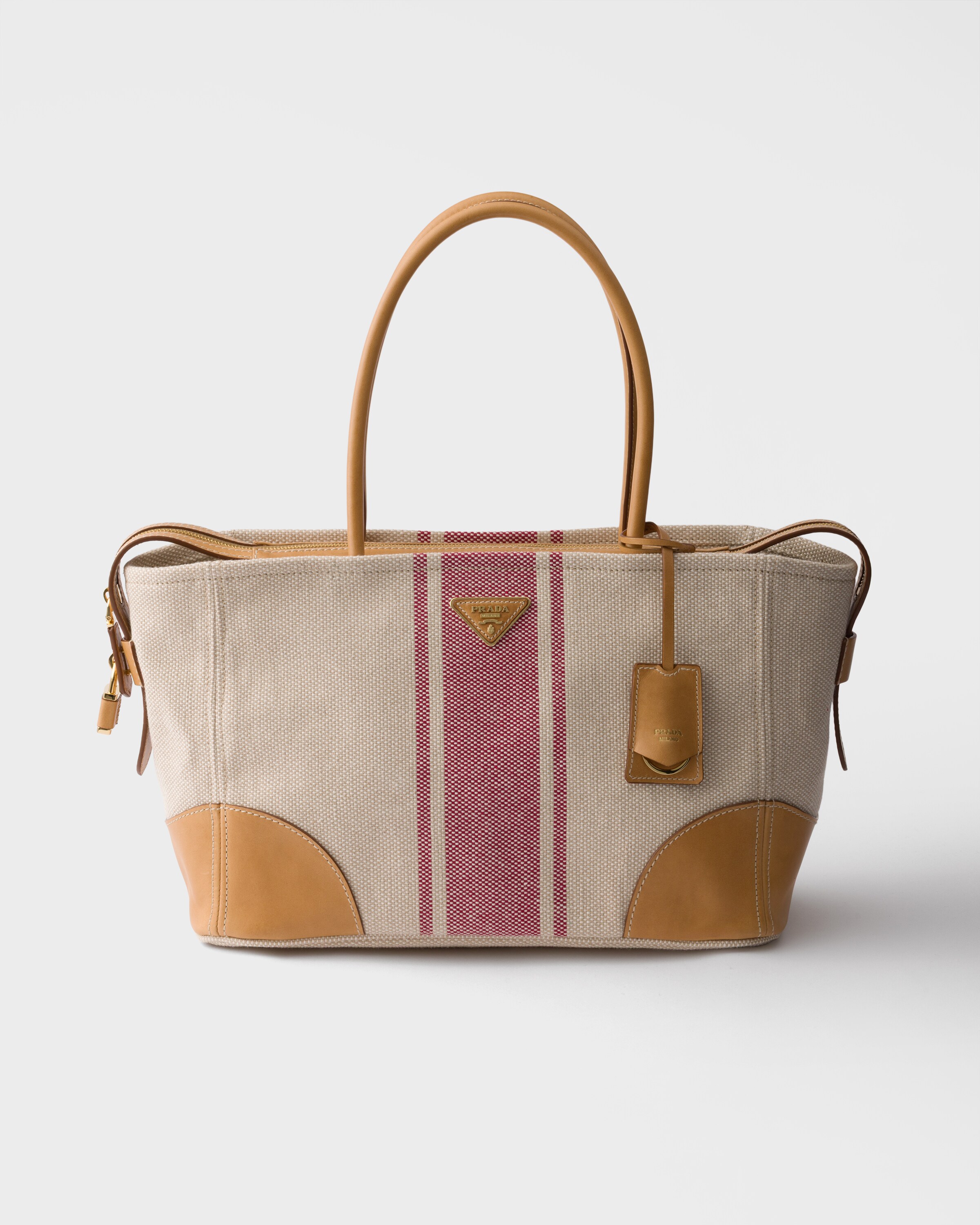 Prada Große Tote Bag Aus Canvas Und Leder, Damen, Hellbraun/rot