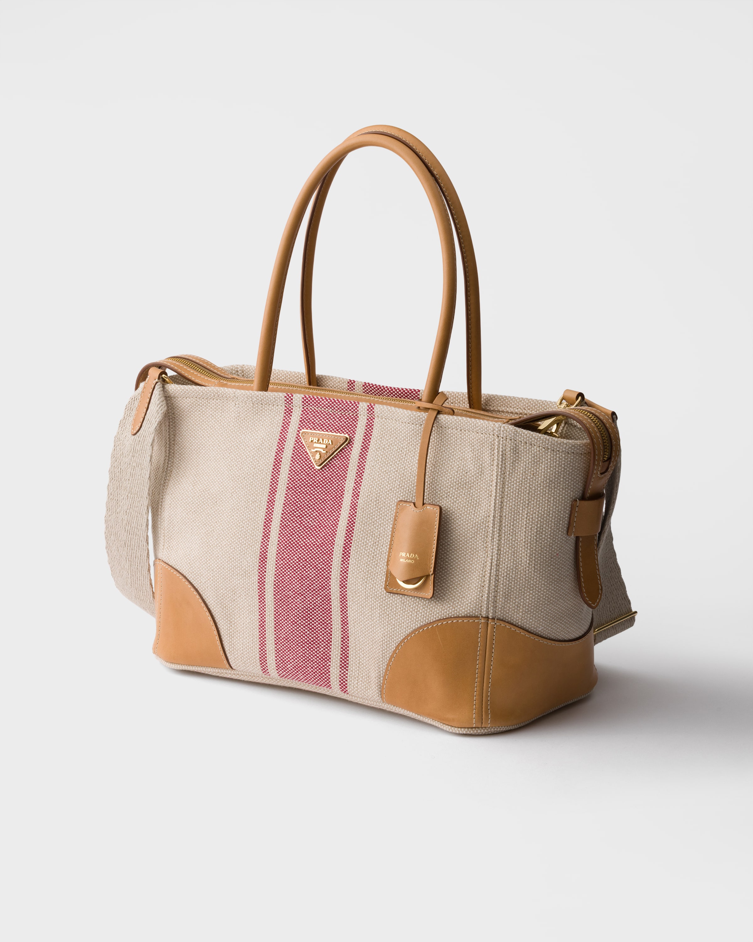 Tan/Red Large canvas and leather tote bag | PRADA - Brazil