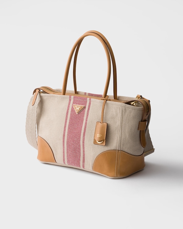 Große Tote Bag aus Canvas und Leder - Hellbraun/Rot Große Tote Bag aus Canvas und Leder - Hellbraun/Rot