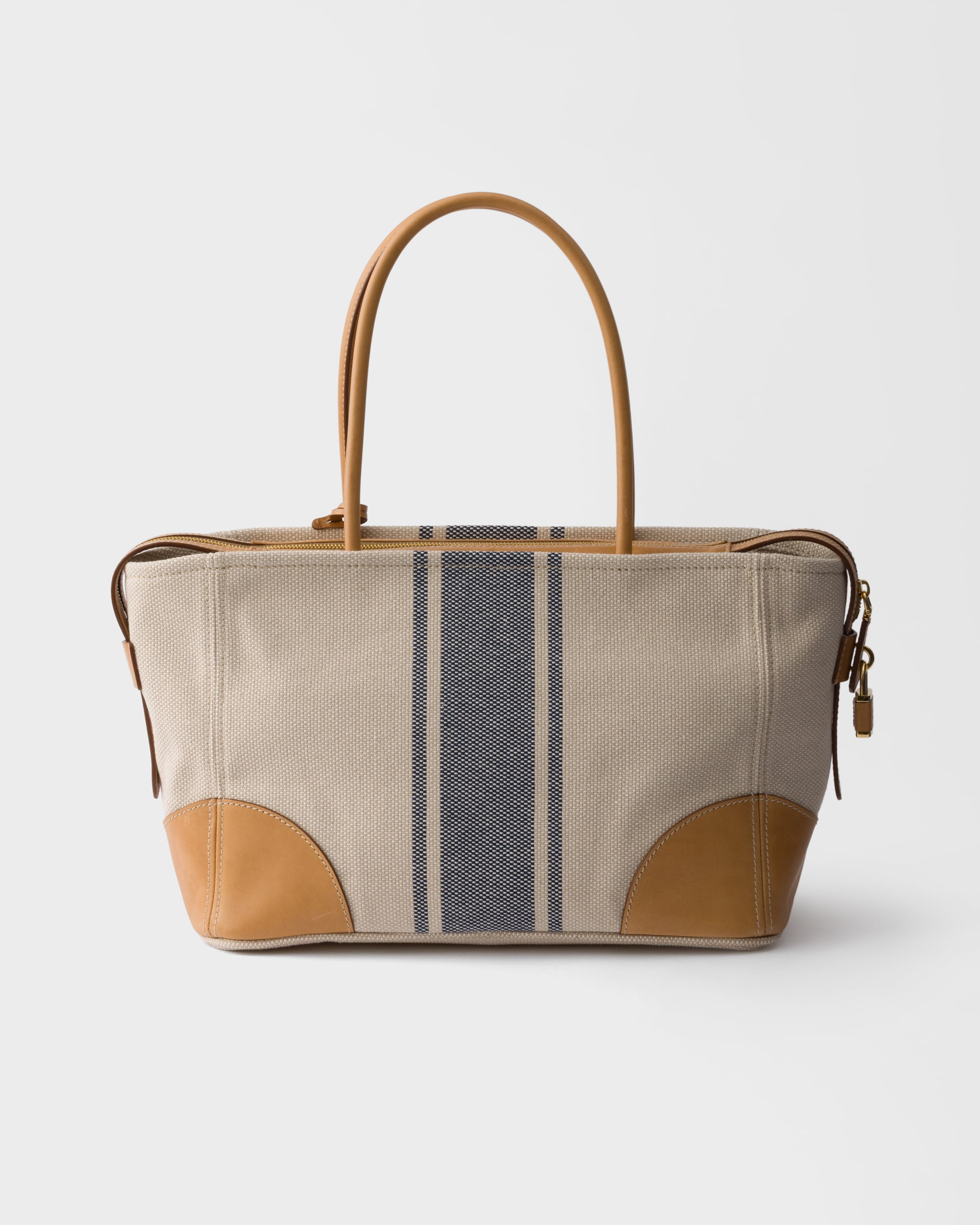 Beige/baltic Blue Large Canvas And Leather Tote Bag | PRADA