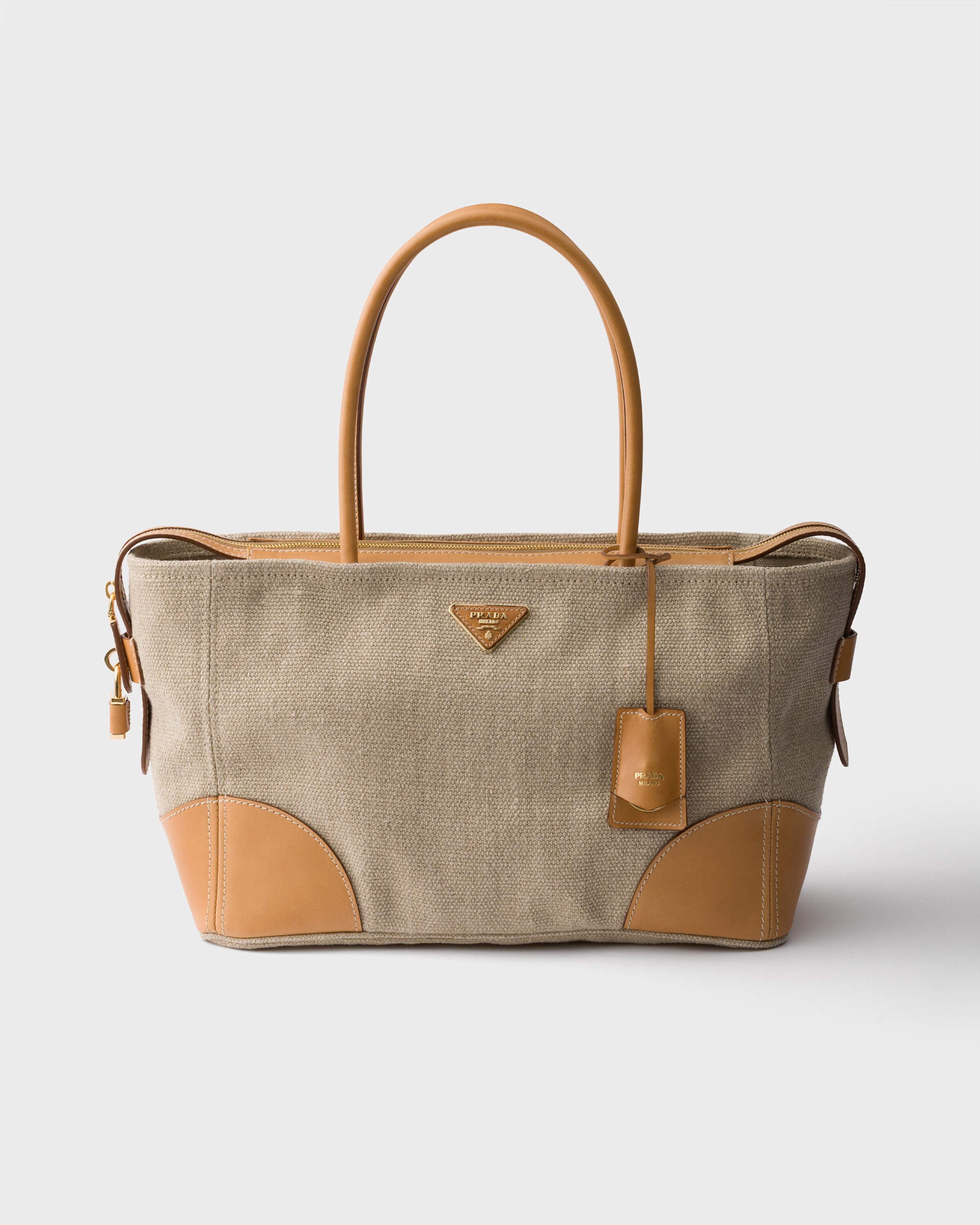 Prada Große Tote Bag Aus Leinen Und Leder, Damen, Seil/natur