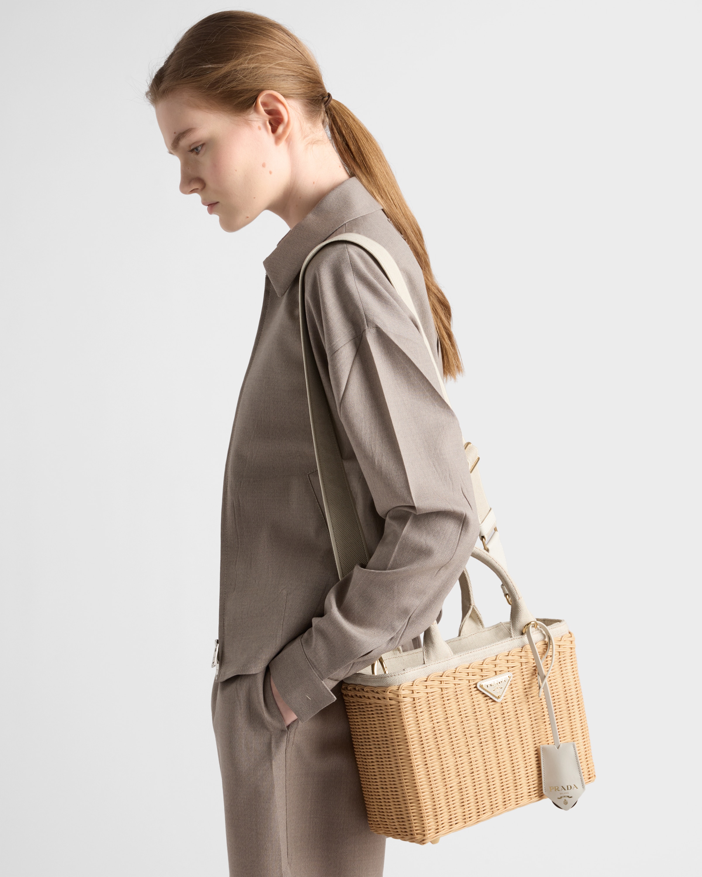 Tan/White Medium wicker and linen blend tote bag | PRADA