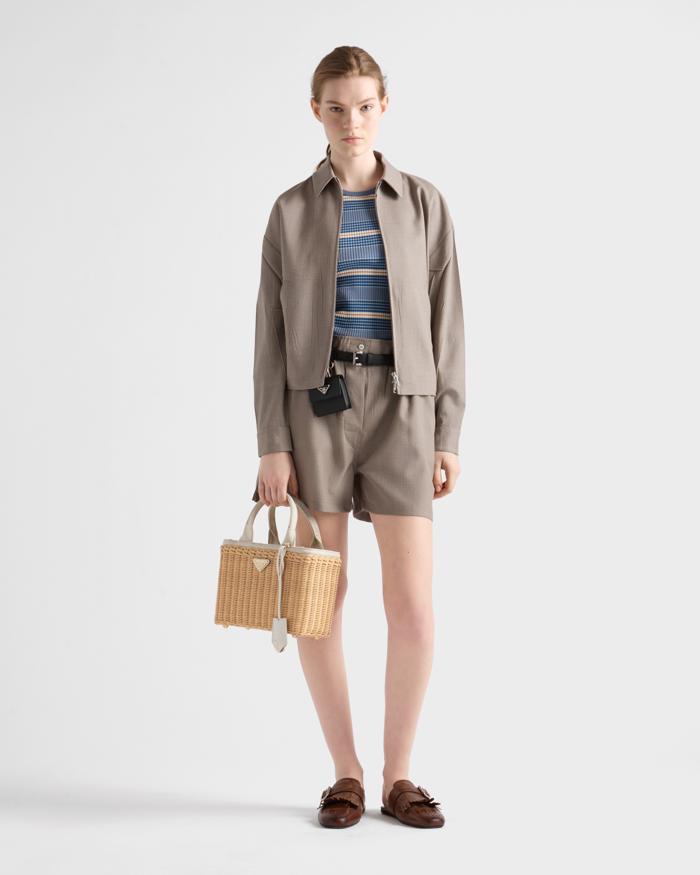 Tan/white Medium Wicker And Linen Blend Tote Bag | PRADA