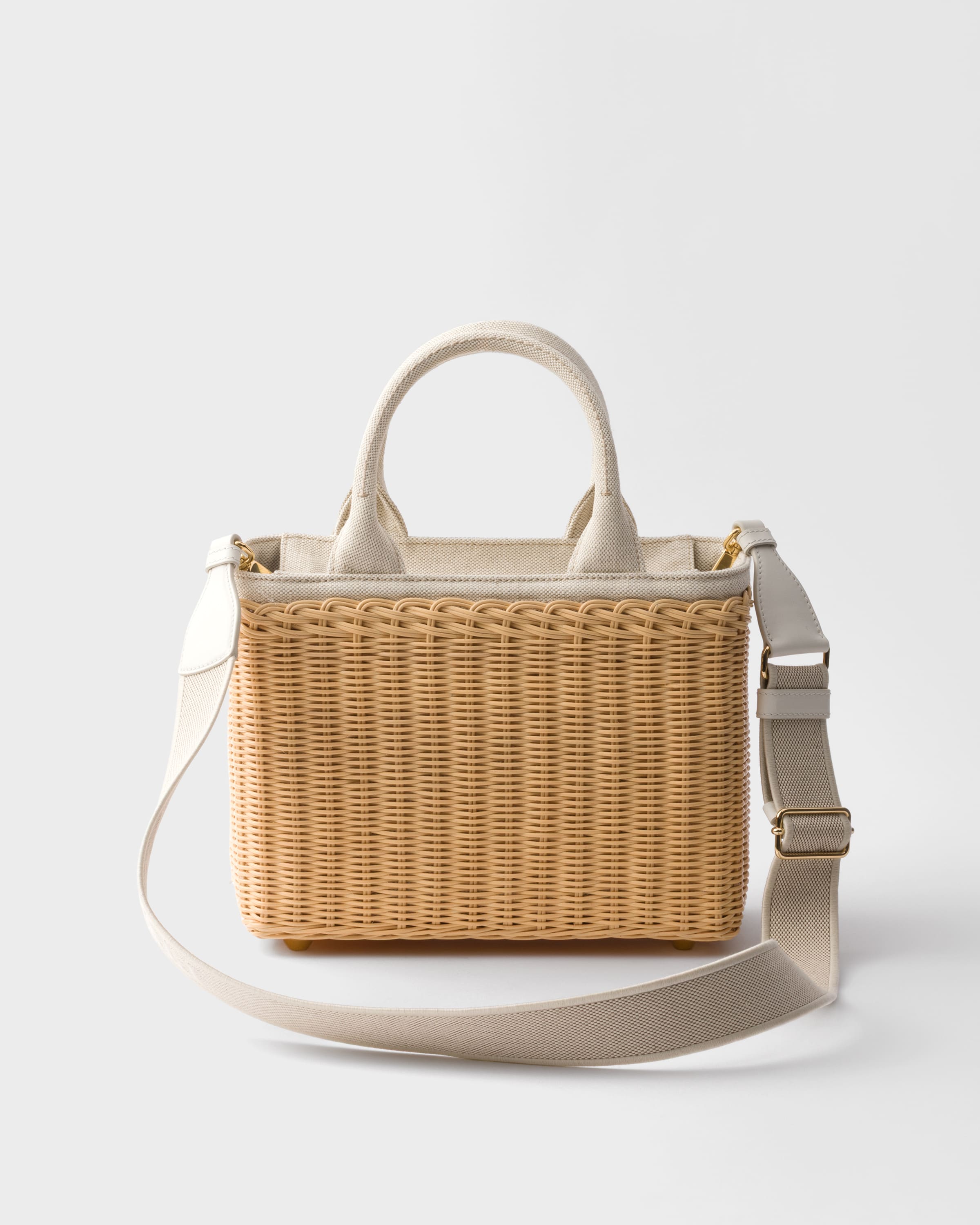 Tan/White Medium wicker and linen blend tote bag | PRADA