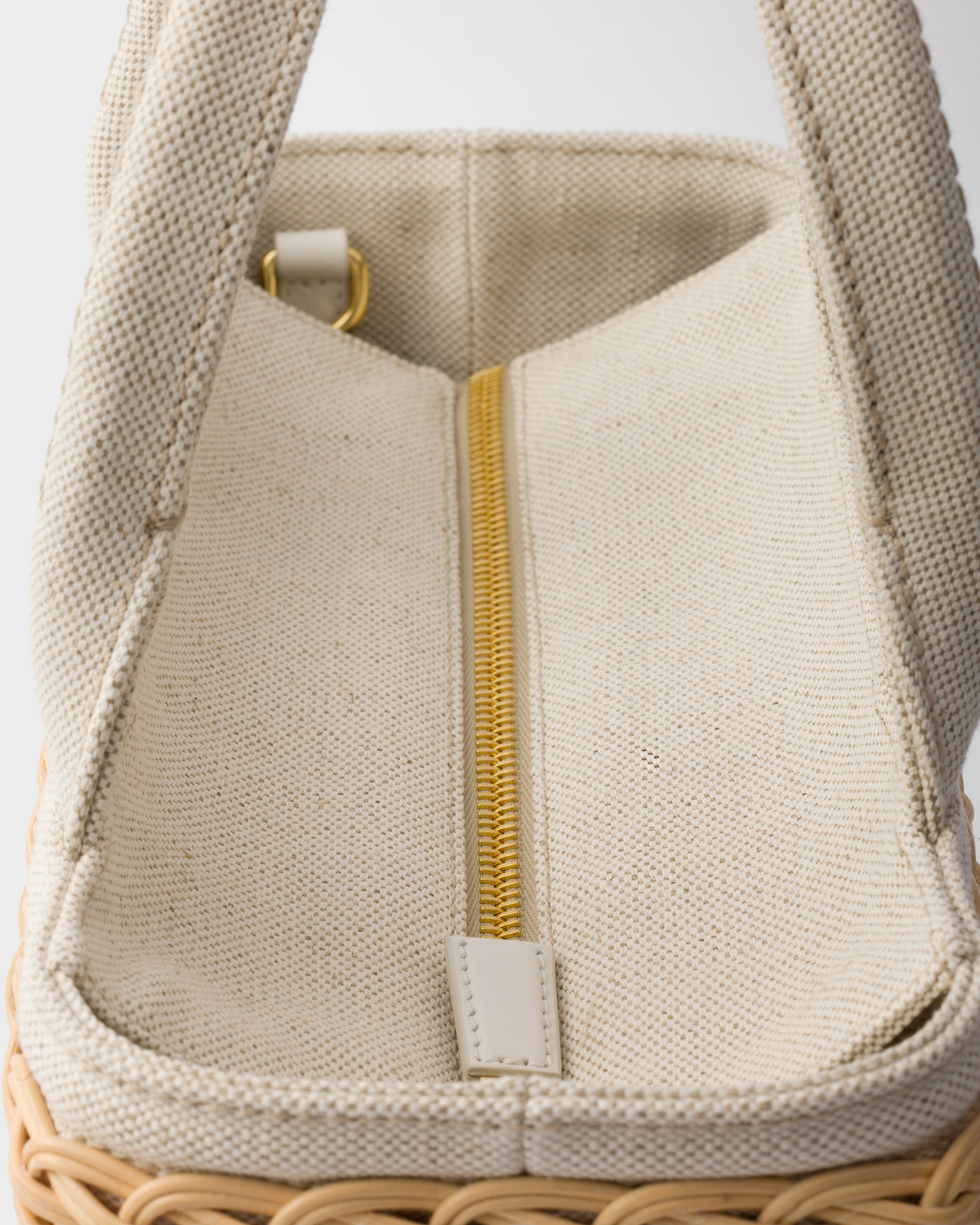 Tan/White Medium wicker and linen blend tote bag | PRADA