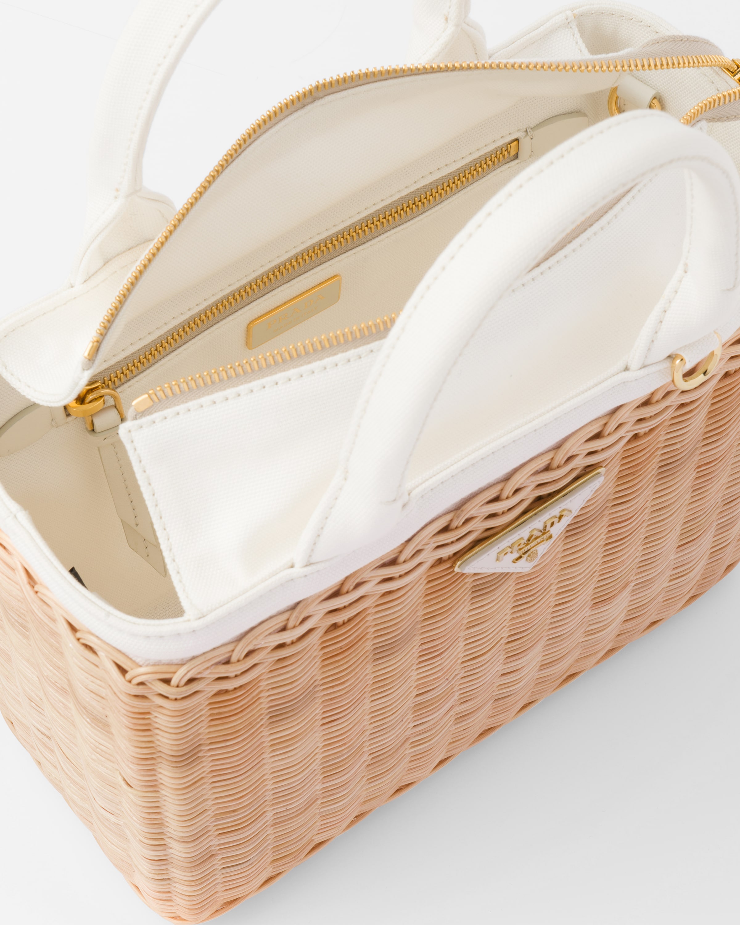 Natural/white Prada Panier Wicker And Canvas Bag