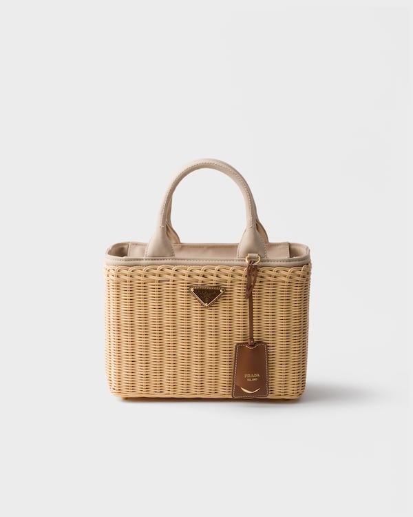 Medium wicker and canvas tote bag - Tan Medium wicker and canvas tote bag - Tan
