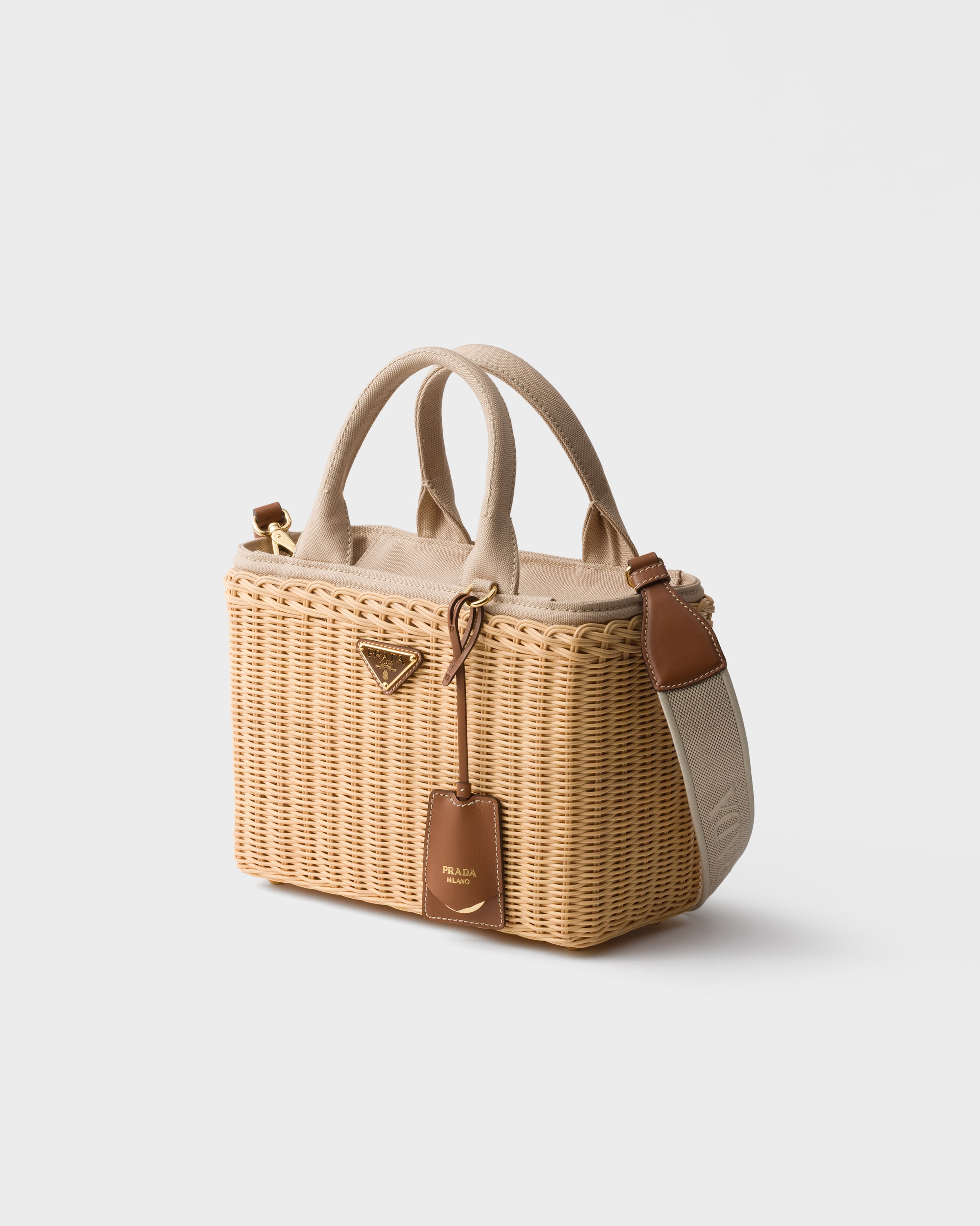Tan Medium wicker and canvas tote bag | PRADA - United States