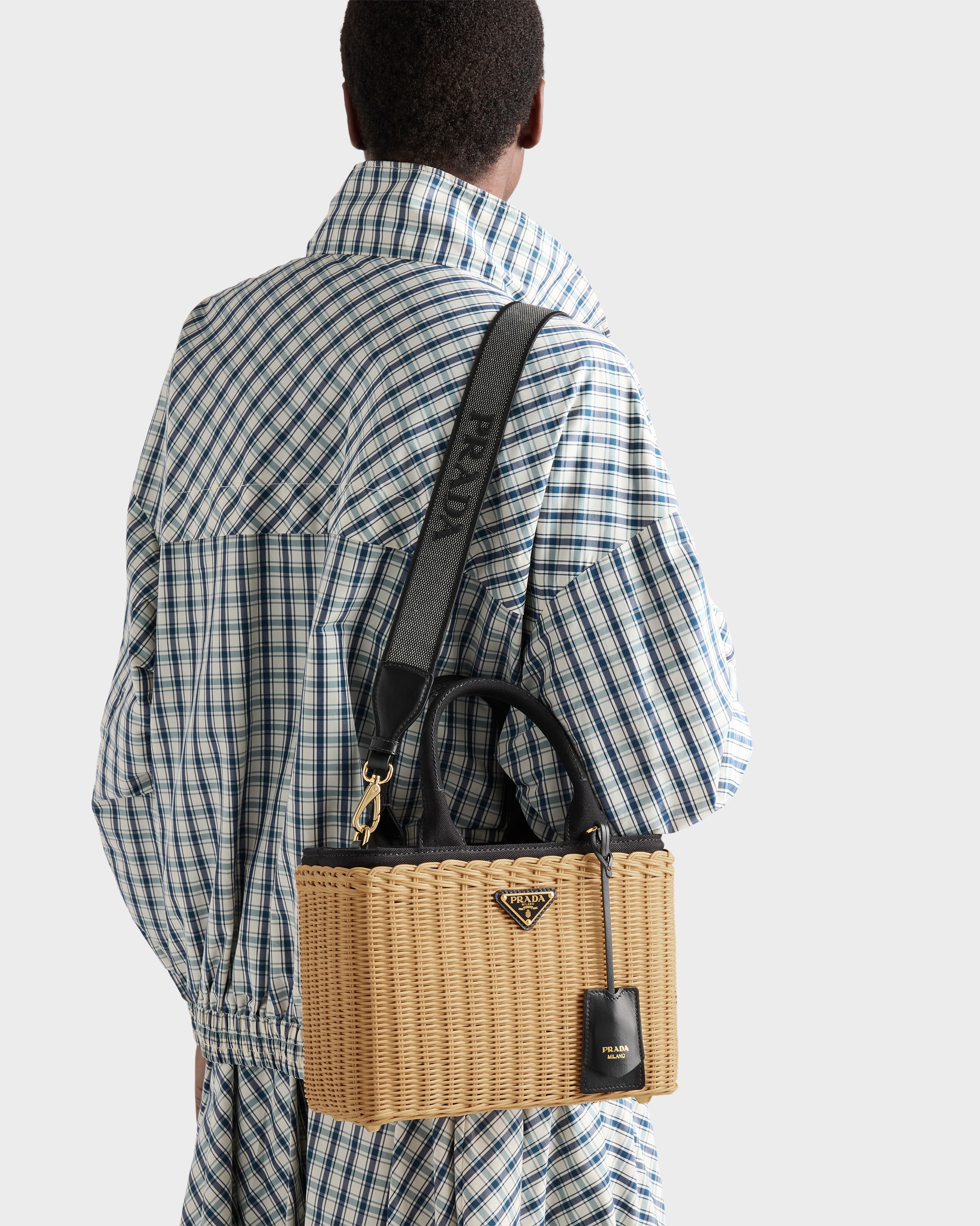 PRADA ラタン トートバッグ ベージュ/ブラック　1BG835 タン/ブラック ミディアム ウィッカー キャンバス トートバッグ