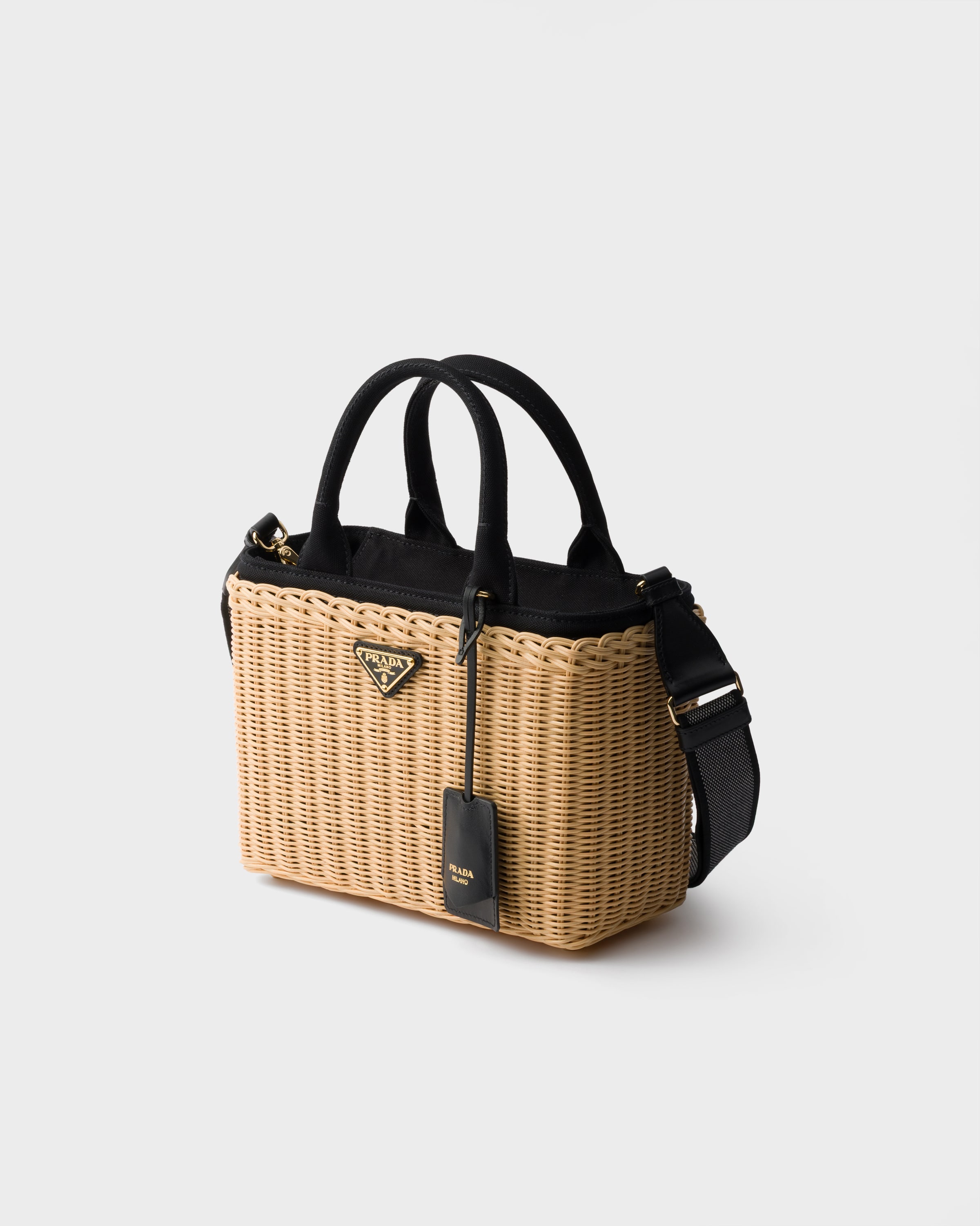 PRADA ラタン トートバッグ ベージュ/ブラック　1BG835 タン/ブラック ミディアム ウィッカー キャンバス トートバッグ