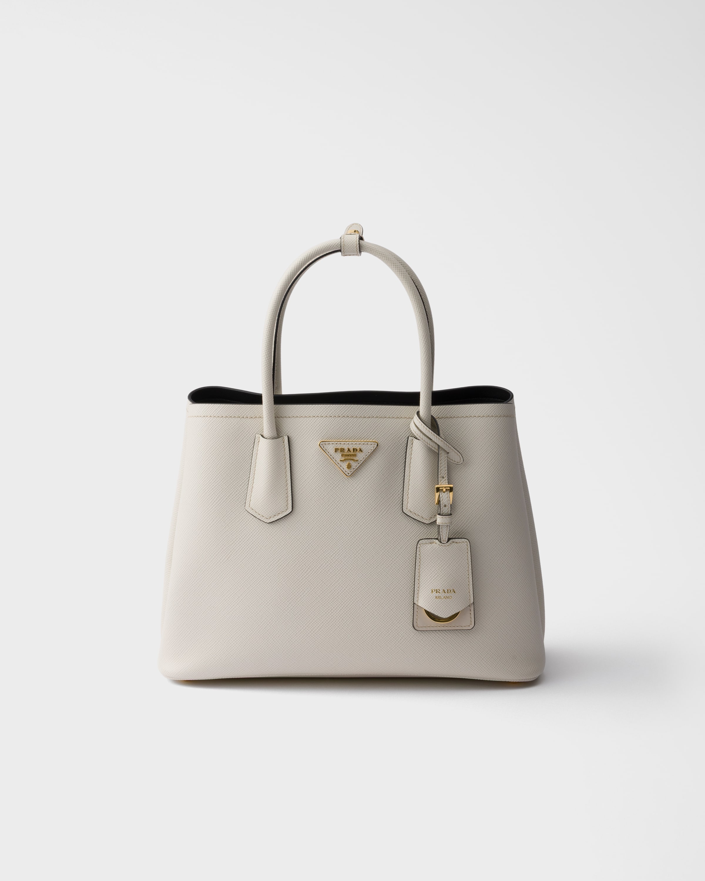 Chalk White/Black Prada Double medium Saffiano leather bag | PRADA