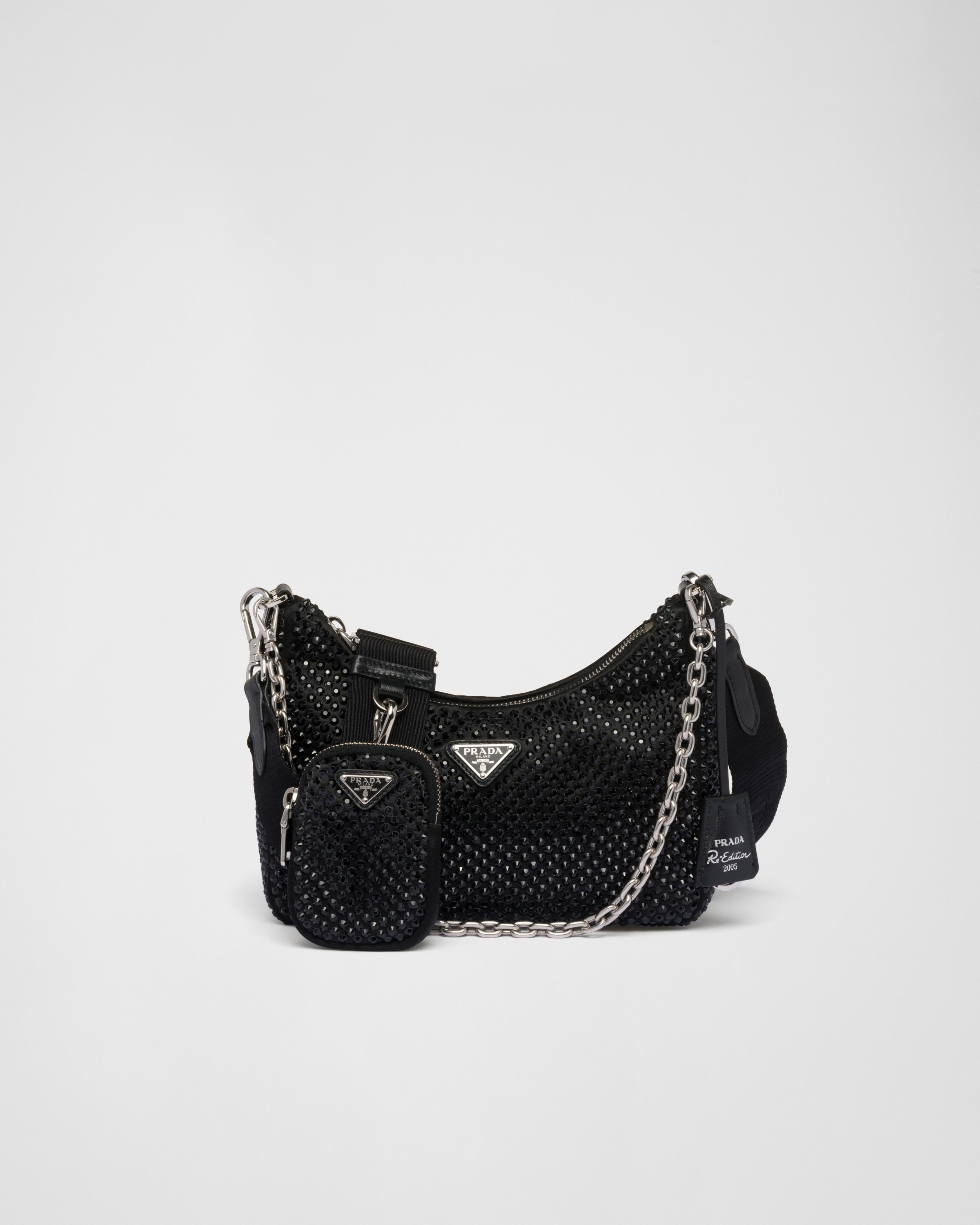 Shop Prada Re-edition 2005 Tasche Aus Satin Mit Kristallen In Black