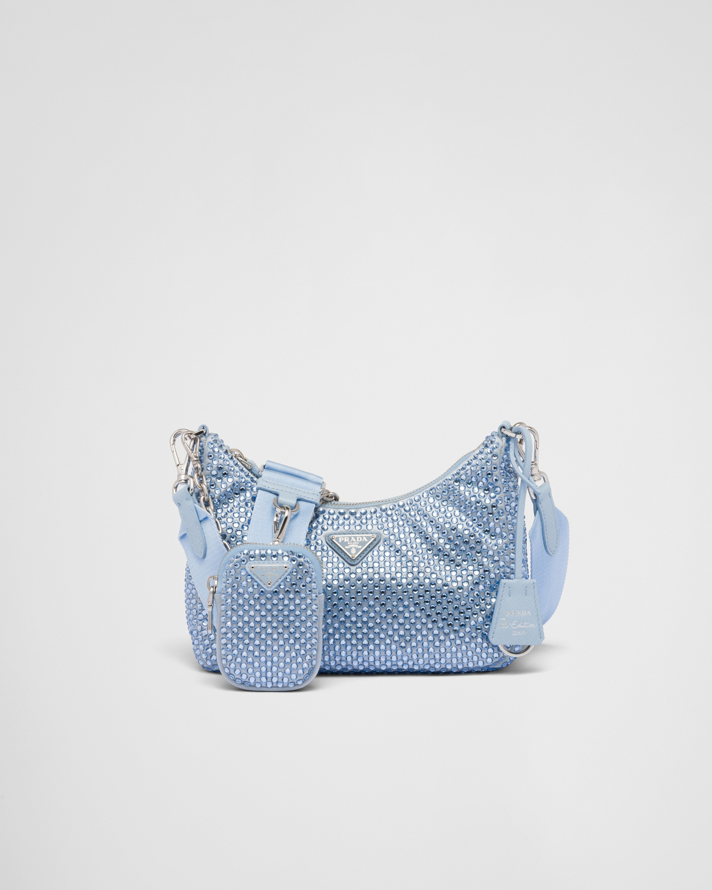 Light Blue Prada Re-Edition 2005 satin bag with crystals | Prada