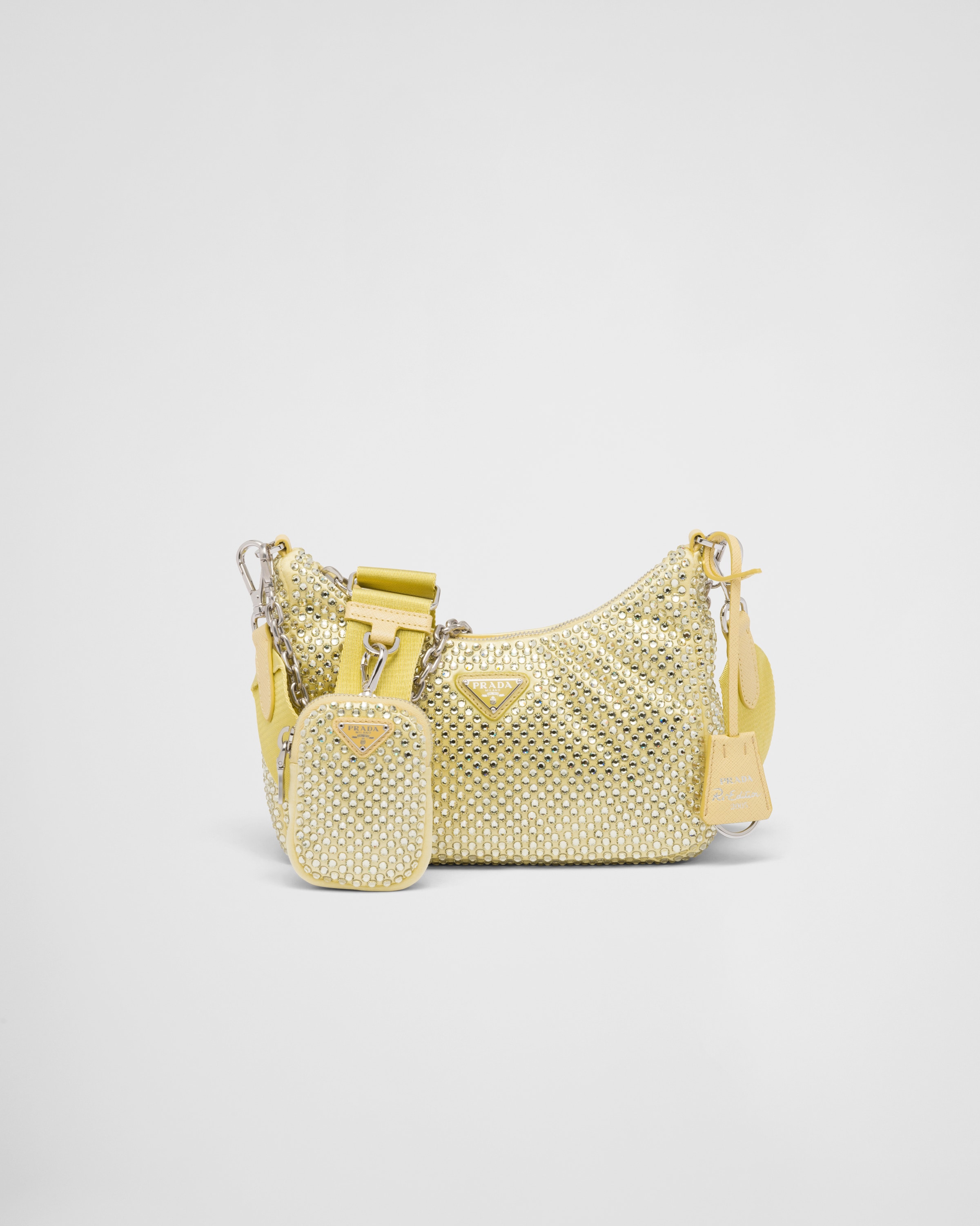 Prada Triangle Pouch Crystal Embellished Satin Gold