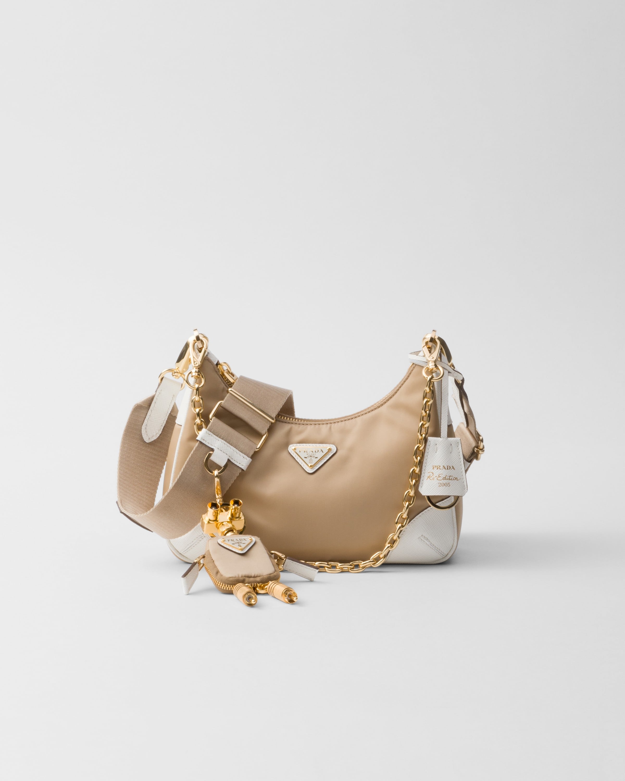 Prada Re-edition 2005 Re-nylon And Saffiano Leather Bag In Camel/white