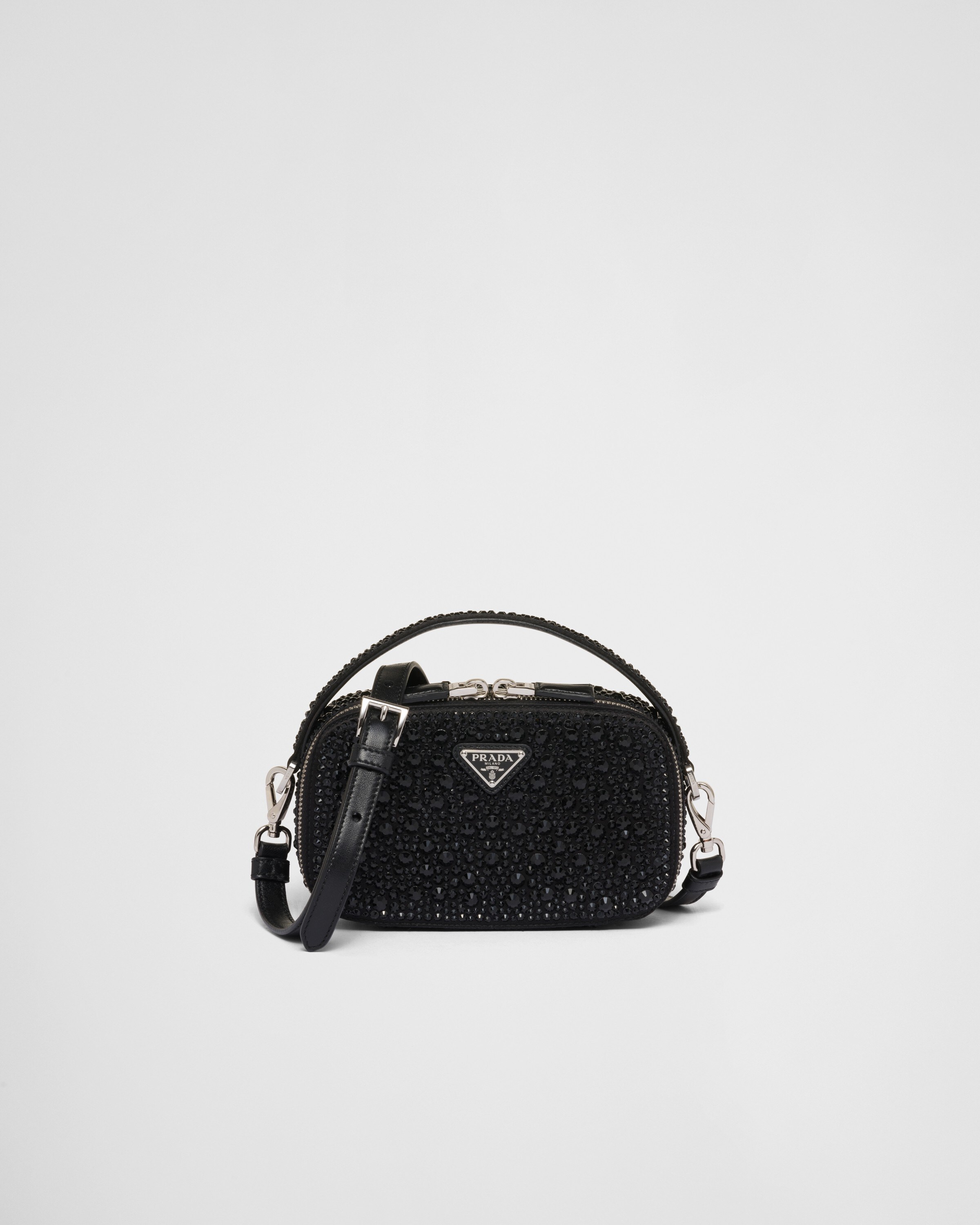 Prada Odette Crystal-studded Satin Mini-bag In Black