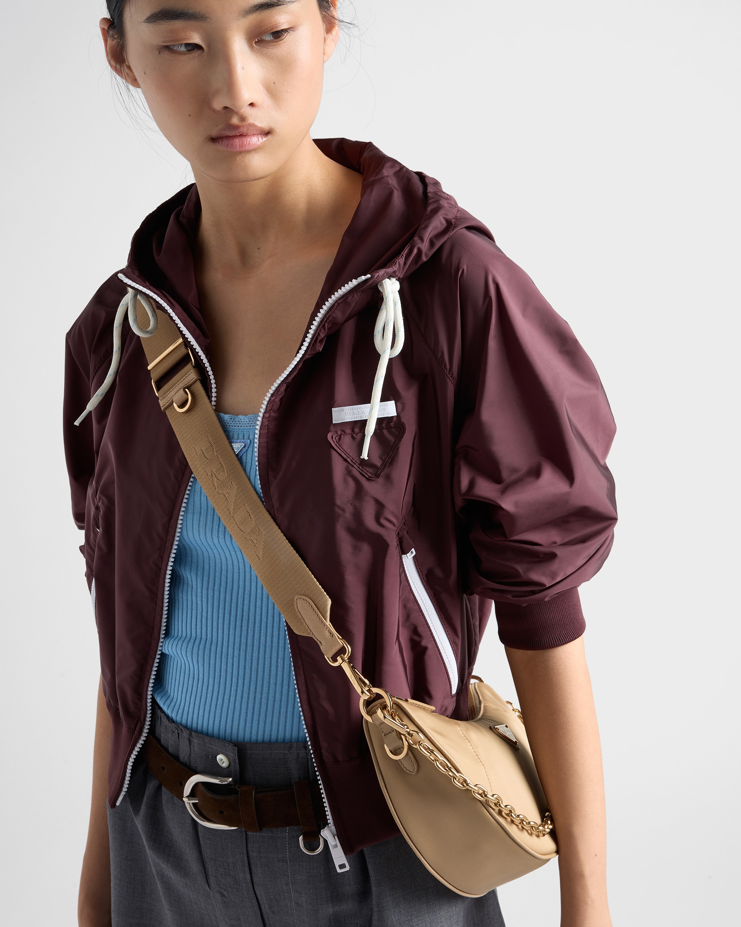 Prada Demi-lune Re-nylon Shoulder Bag In Camel Brown