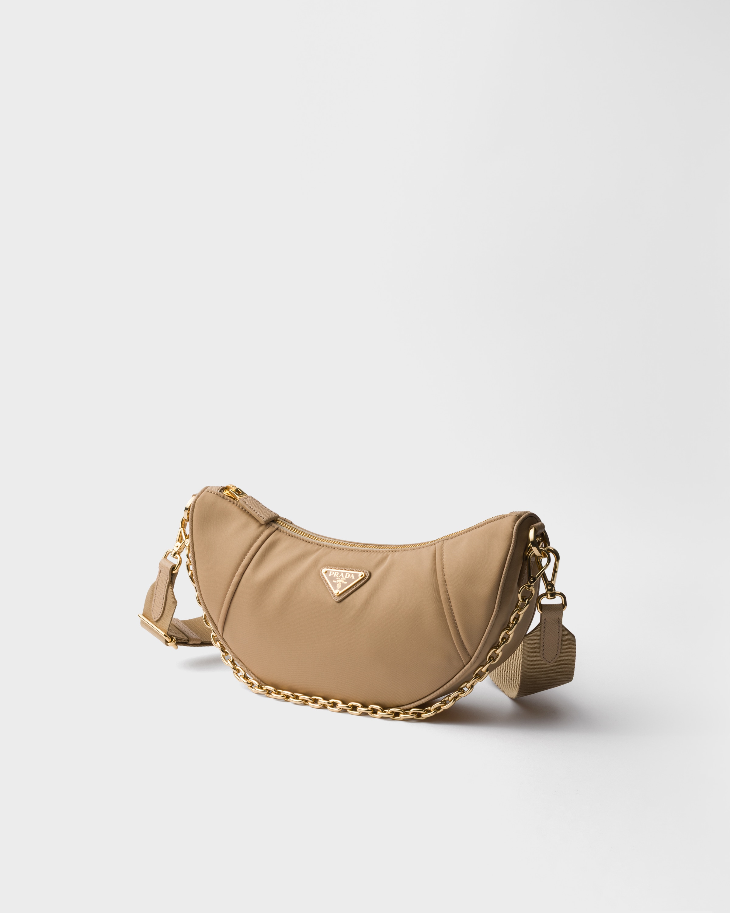 Prada Demi-lune Re-nylon Shoulder Bag In Camel Brown
