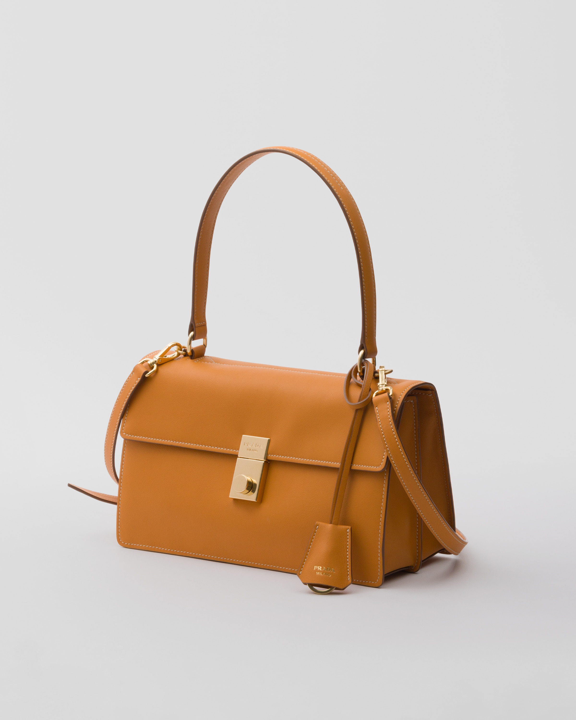 Prada Sound Medium Soft Leather Top-handle Bag In Orange