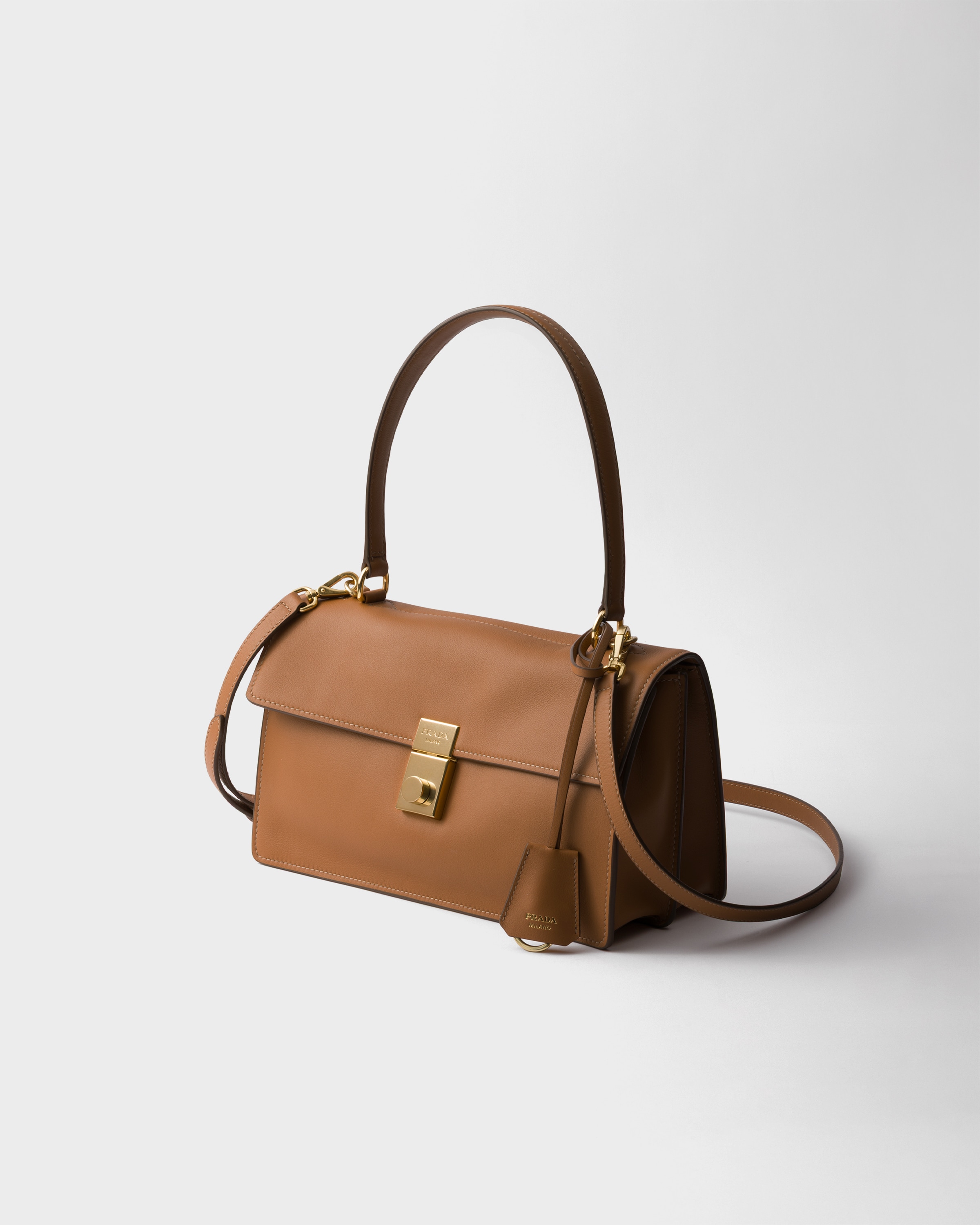 Prada Top Handle Shoulder Bag With Gold-tone Hardware In Karamell