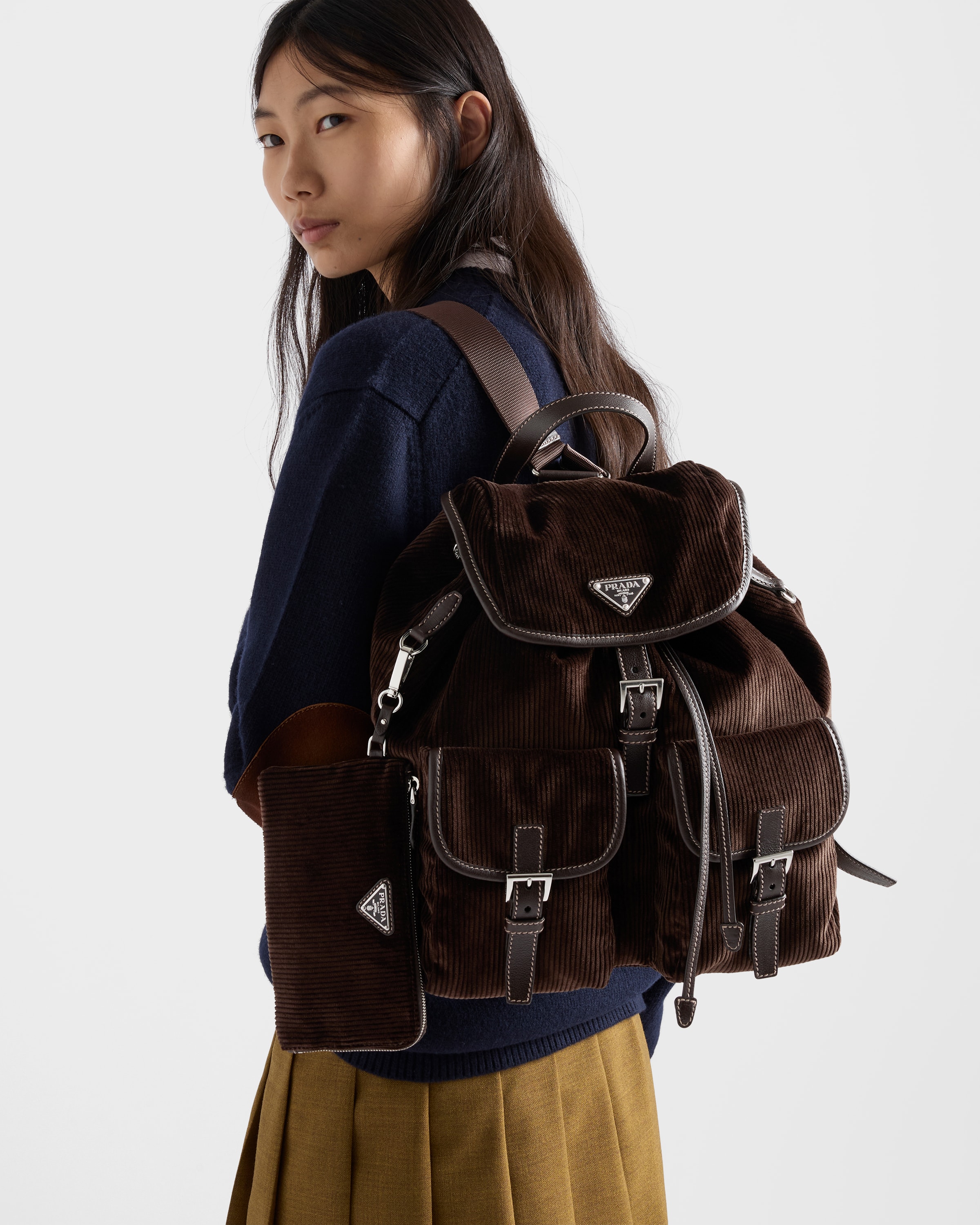 Ebony Medium Corduroy And Leather Backpack | PRADA - United States