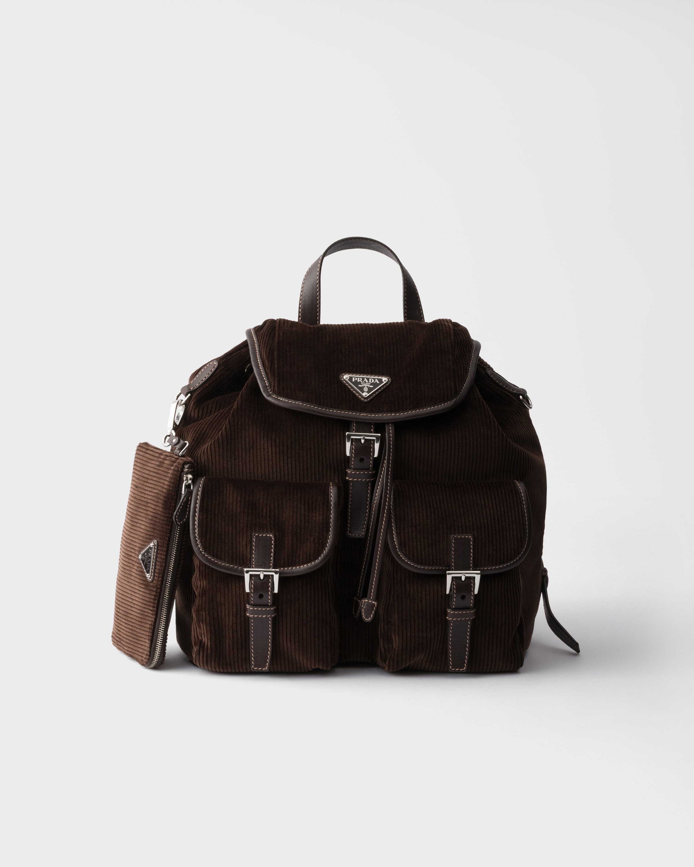 Ebony Medium Corduroy And Leather Backpack | PRADA - Luxembourg