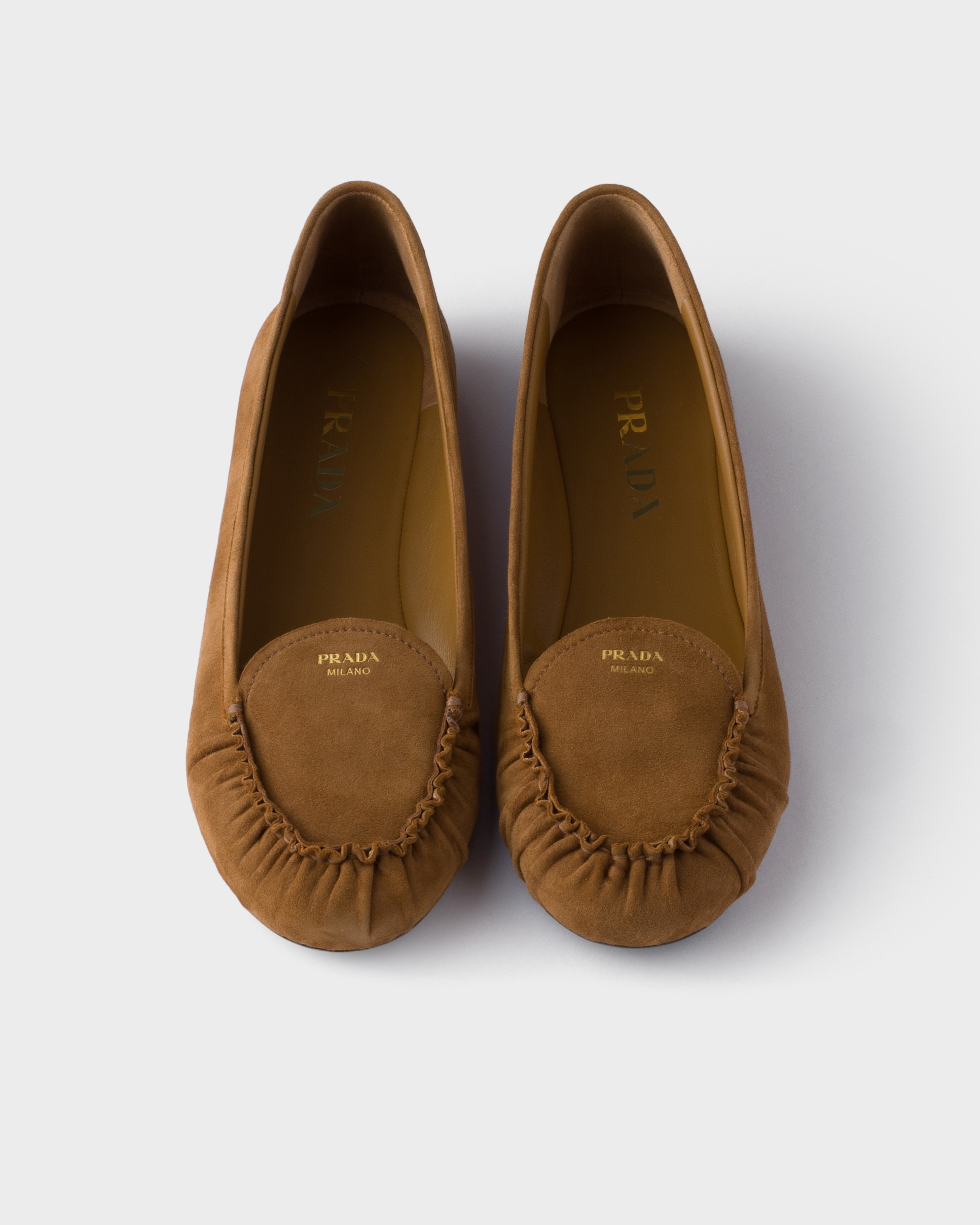 Prada Ruffled Suede Loafers In Brown