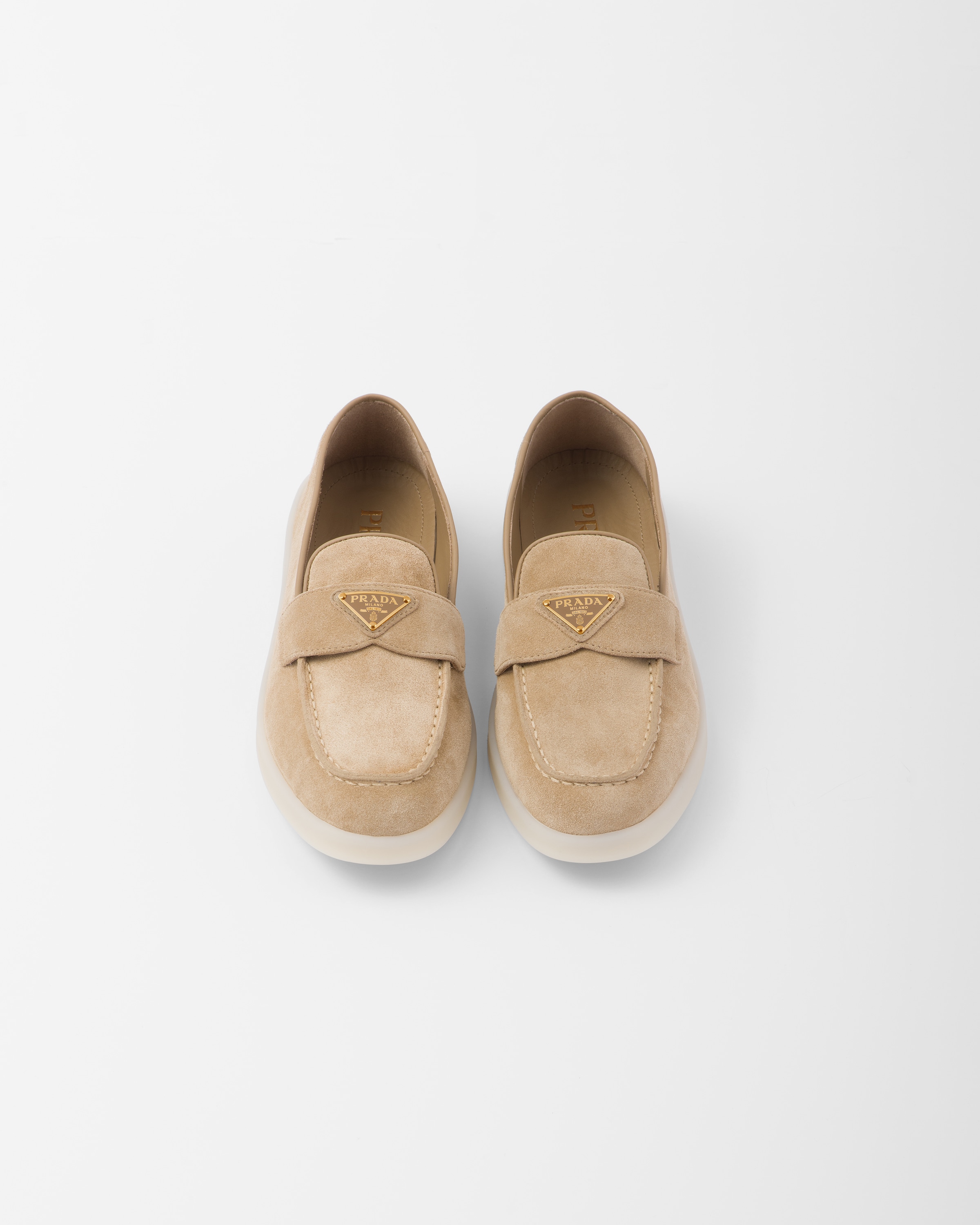 Shop Prada Suede Leather Loafers In Ecru