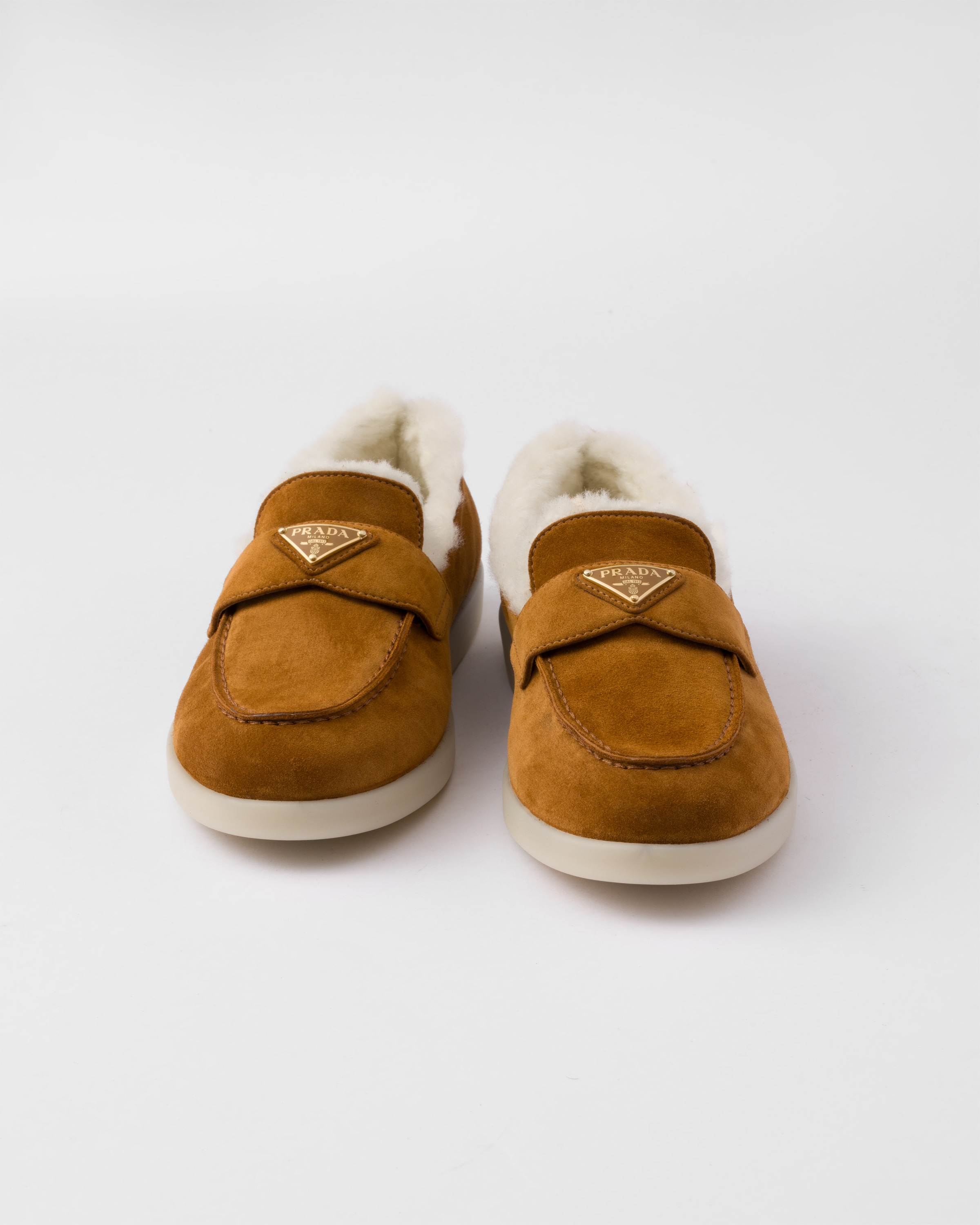 Cognac Suede And Shearling Loafers | PRADA